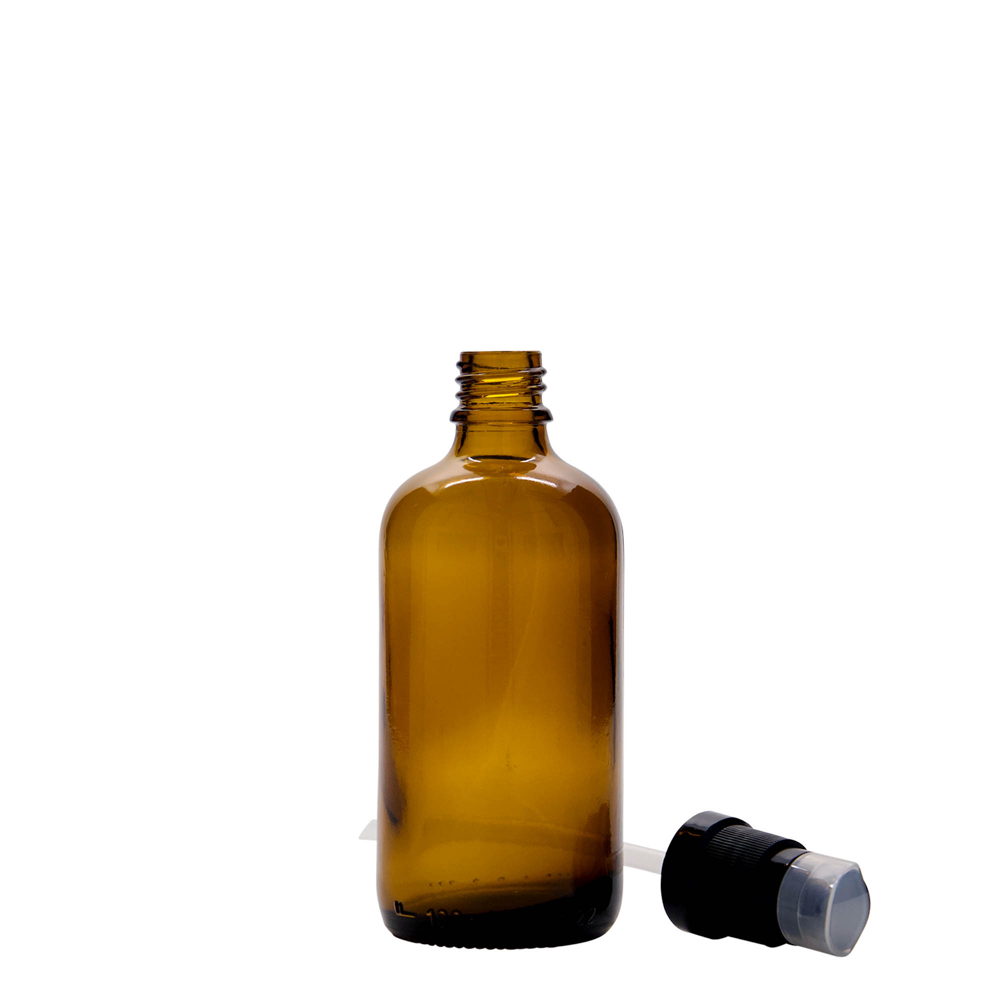 100 ml medicijnfles met lotionpomp, glas, bruin, mondstuk: DIN 18