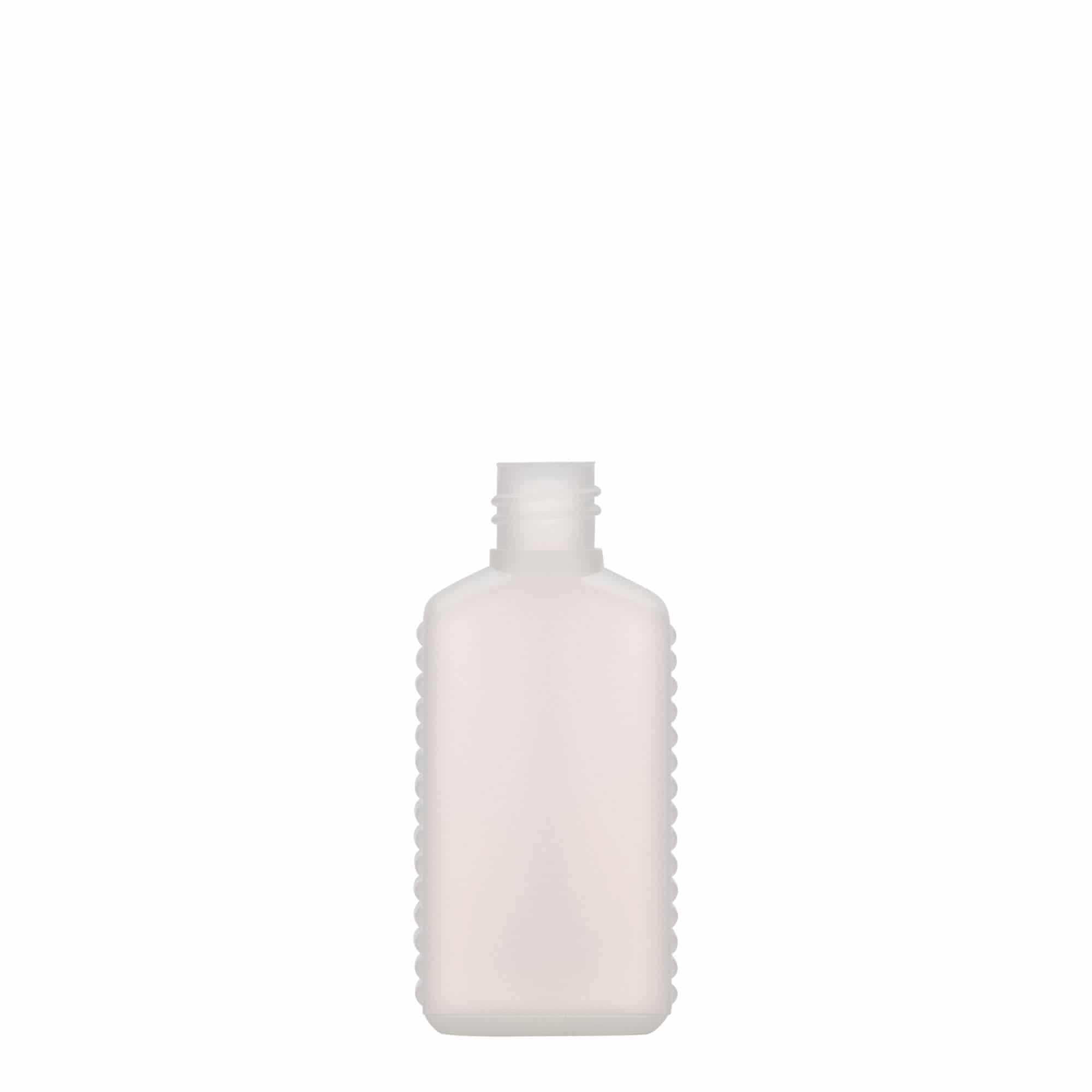 50 ml kanisterfles met smalle hals, rechthoekig, HDPE-kunststof, natuurkleurig, opening: DIN 18