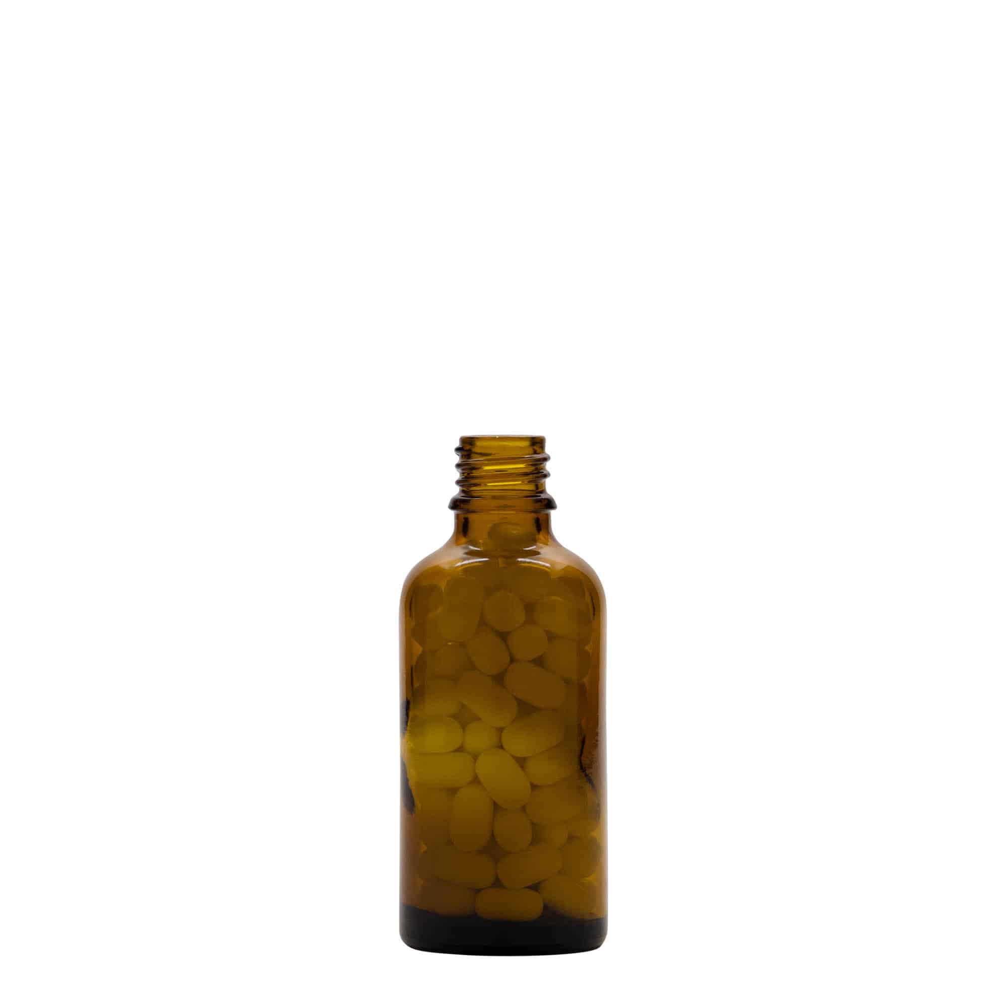 50 ml medicijnflesje, glas, bruin, opening: DIN 18