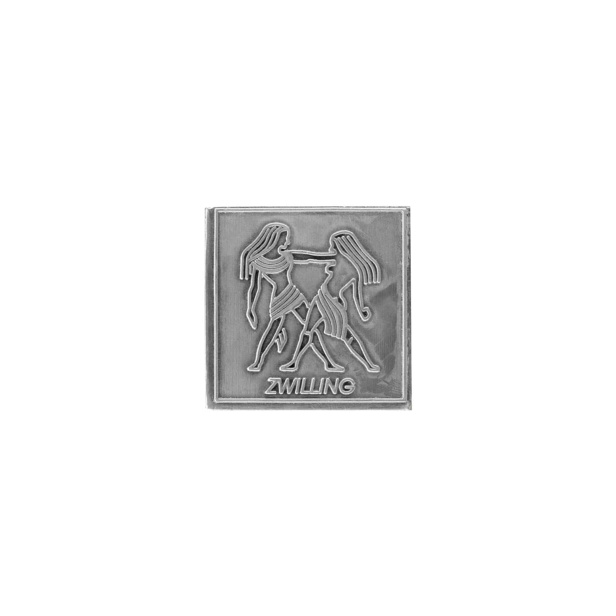 Tinnen etiket 'Tweelingen', vierkant, metaal, zilver Tinnen etiket 'Tweelingen', vierkant, metaal, zilver