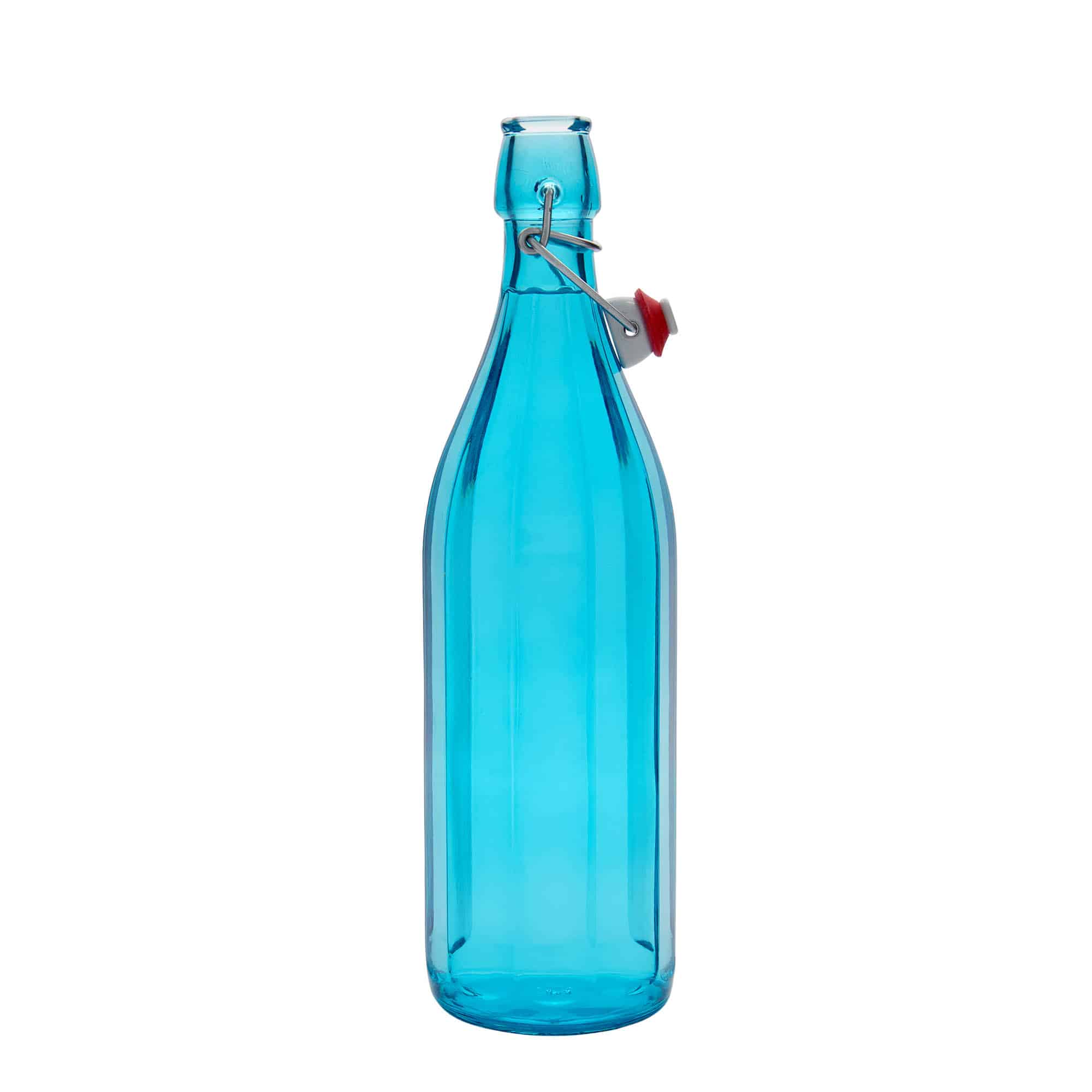 Glazen fles 'Oxford', 1000 ml, tienhoekig, azuurblauw, monding: beugelsluiting
