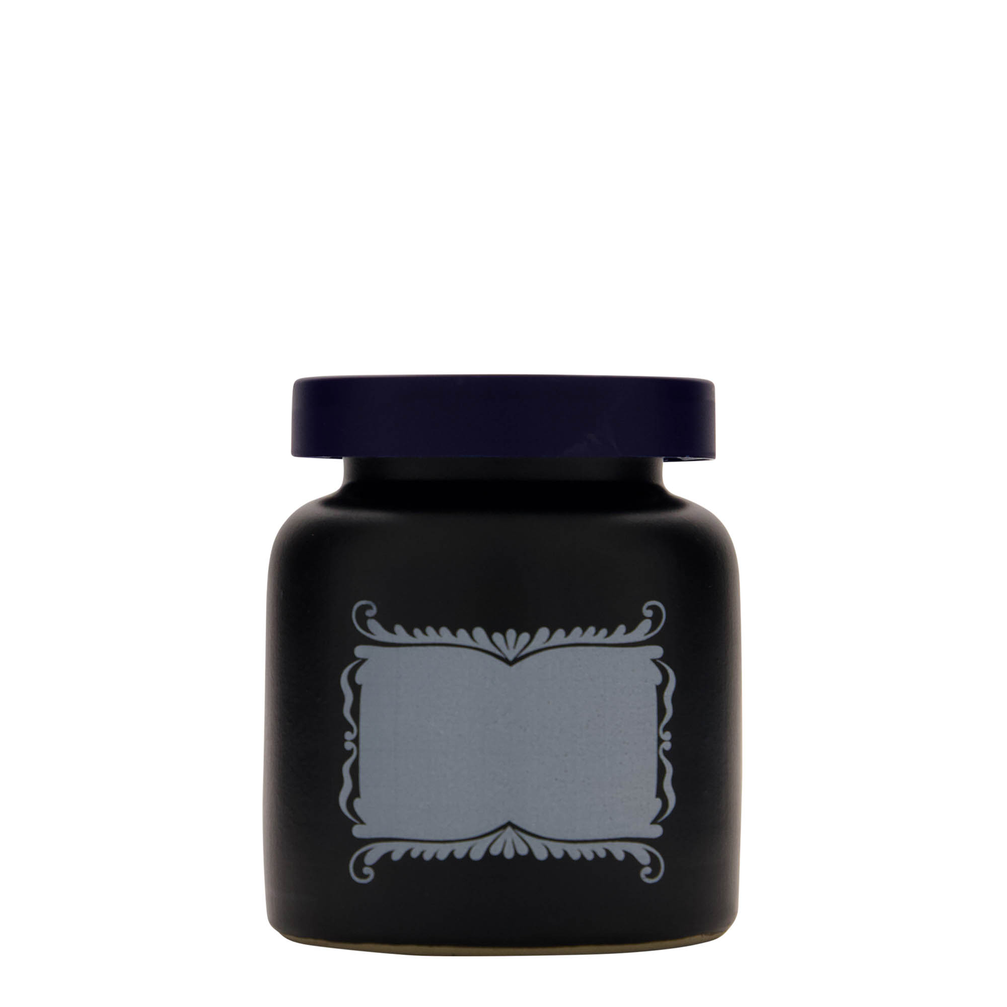 270 ml steengoedpot, motief: etikettenveld, keramiek, zwart, opening: opzetdeksel