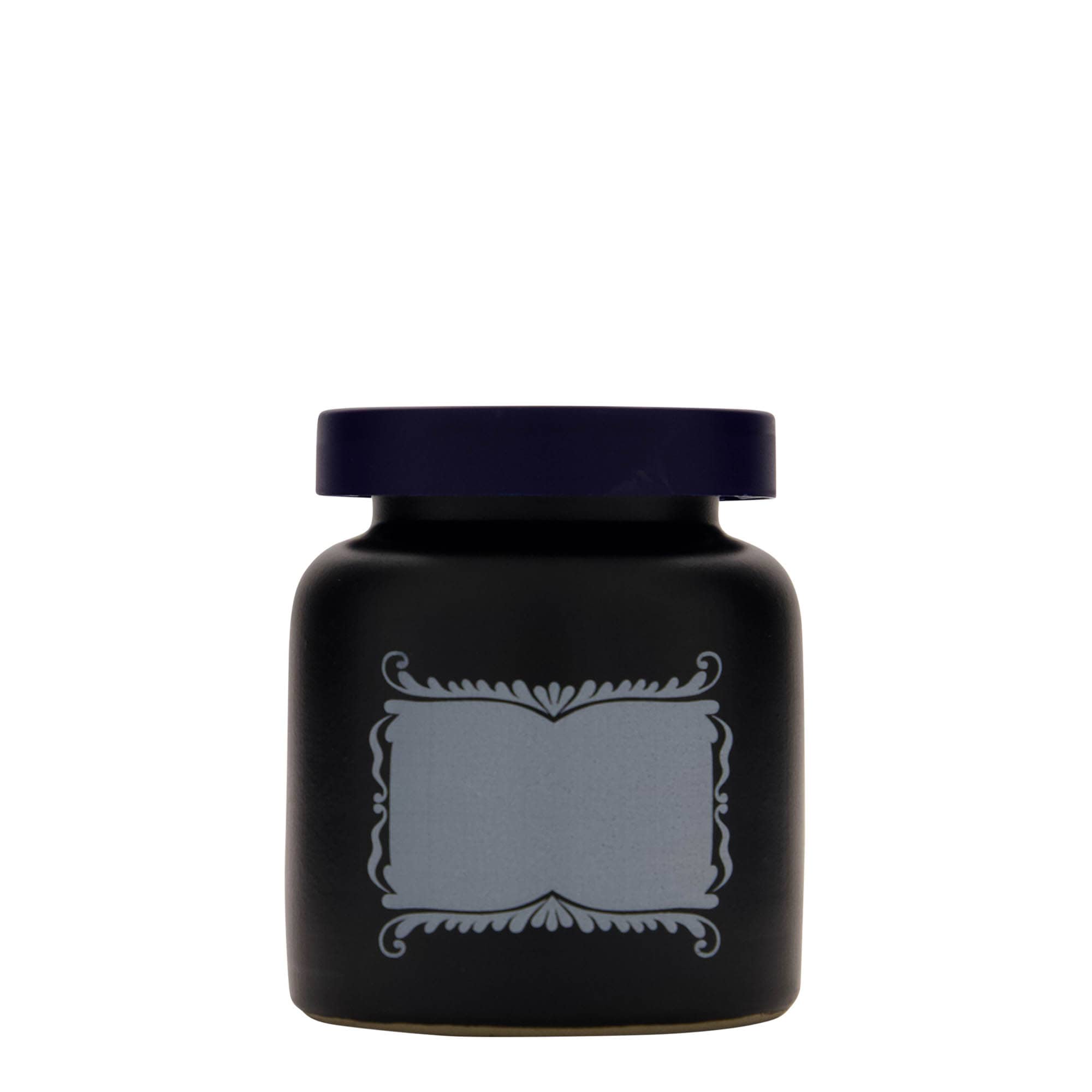 270 ml steengoedpot, motief: etikettenveld, keramiek, zwart, opening: opzetdeksel