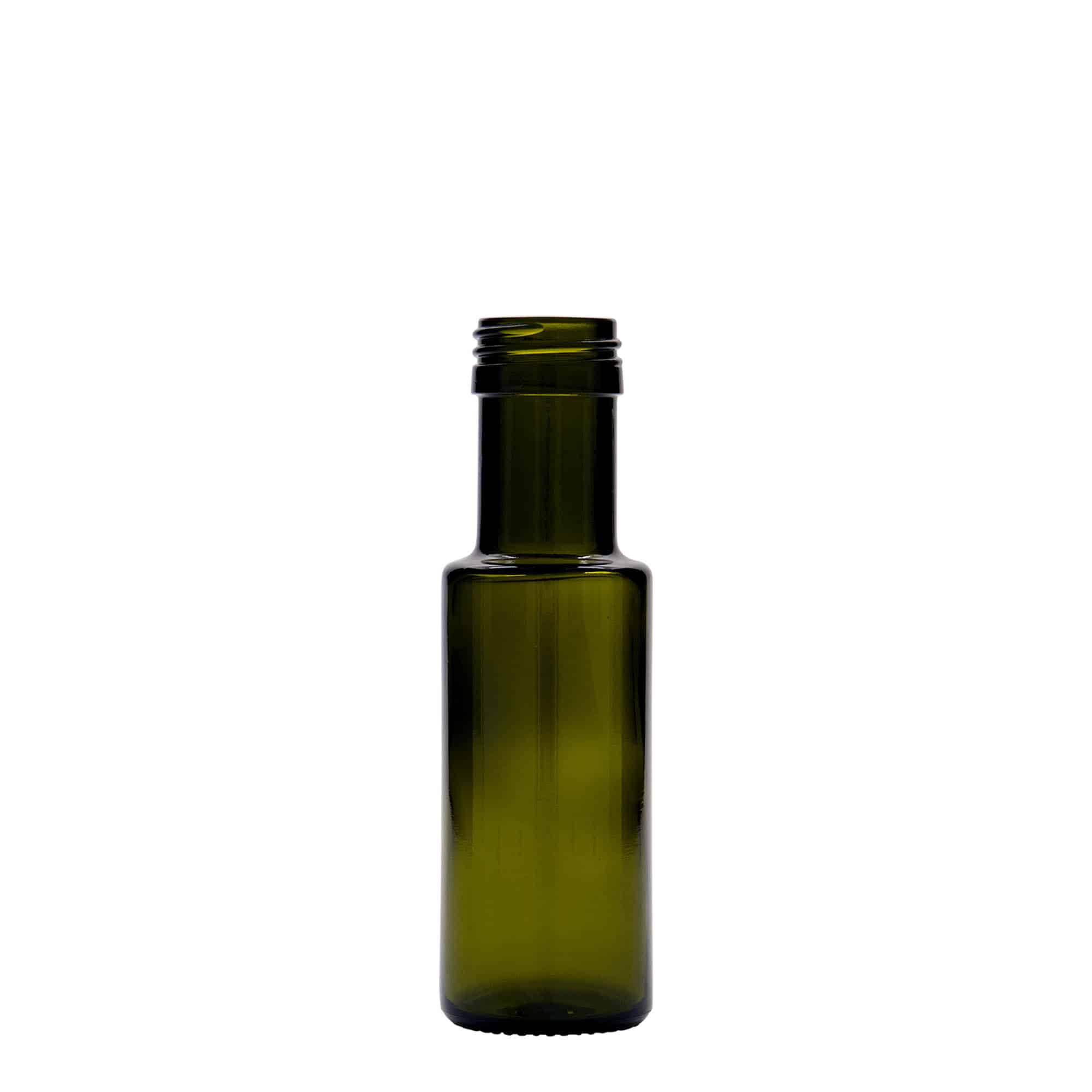 100 ml glazen fles 'Dorica', antiekgroen, opening: PP 31,5 100 ml glazen fles 'Dorica', antiekgroen, opening: PP 31,5