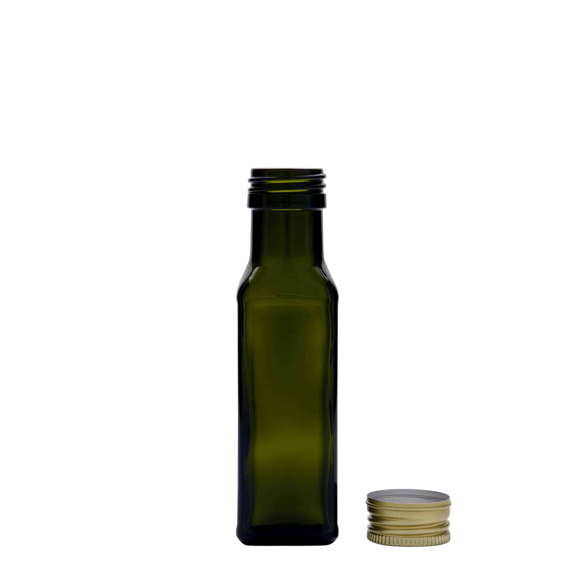 100 ml glazen fles 'Marasca', vierkant, antiekgroen, hals: PP 31,5