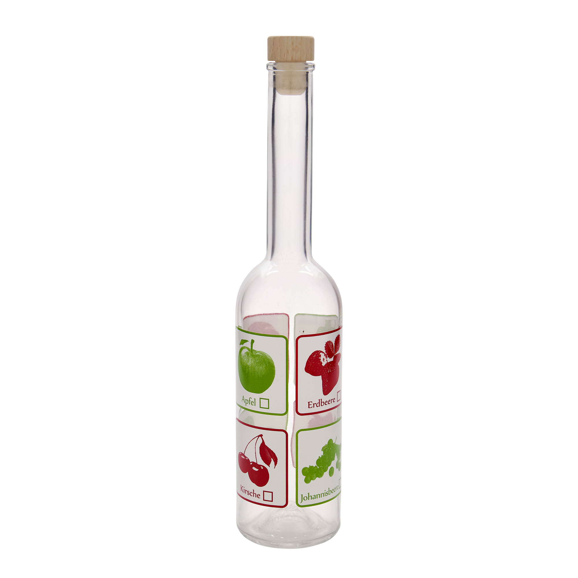 500 ml glazen fles 'Opera', motief: fruit, hals: kurk 500 ml glazen fles 'Opera', motief: fruit, hals: kurk