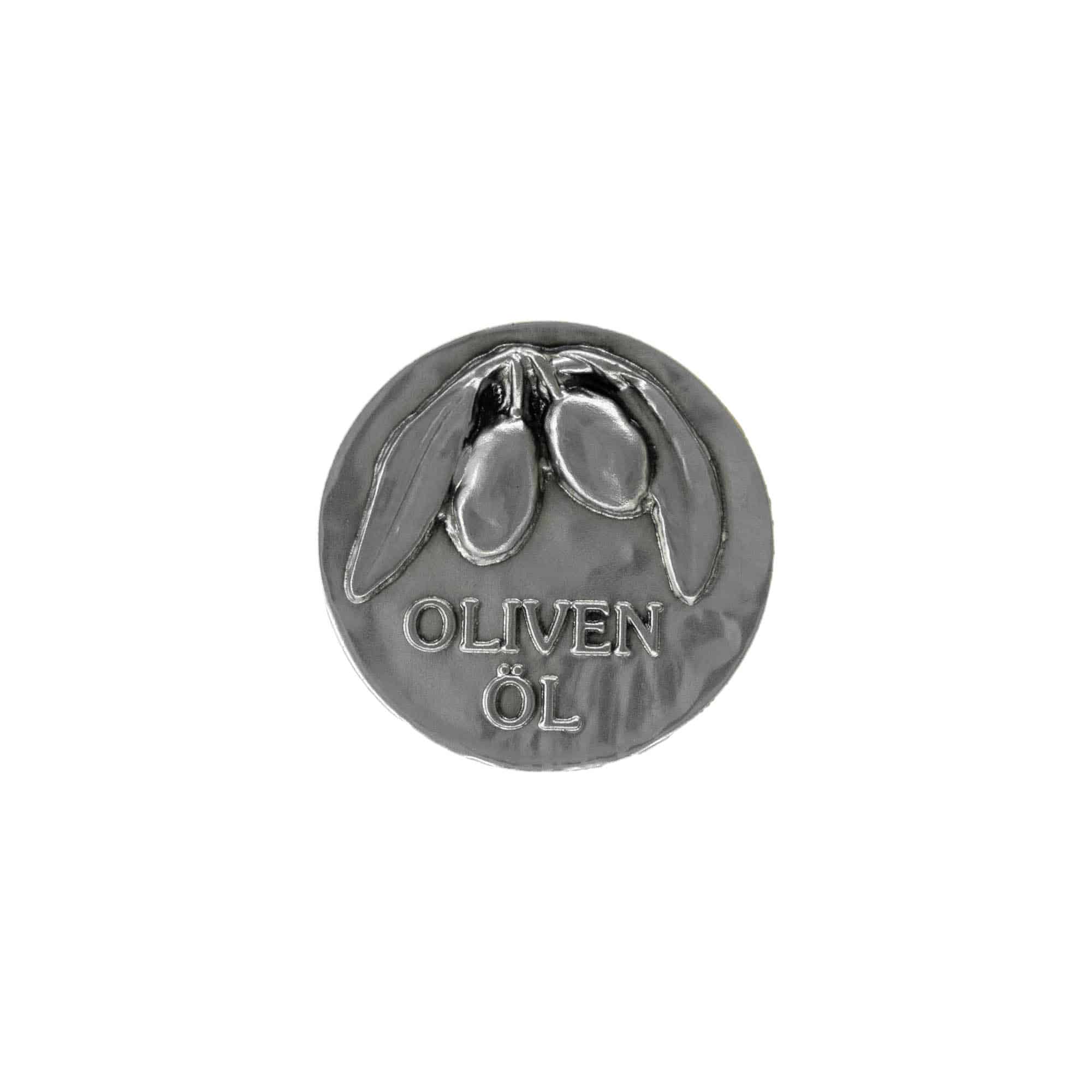 Tinnen etiket 'Olijfolie', metaal, zilver Tinnen etiket 'Olijfolie', metaal, zilver