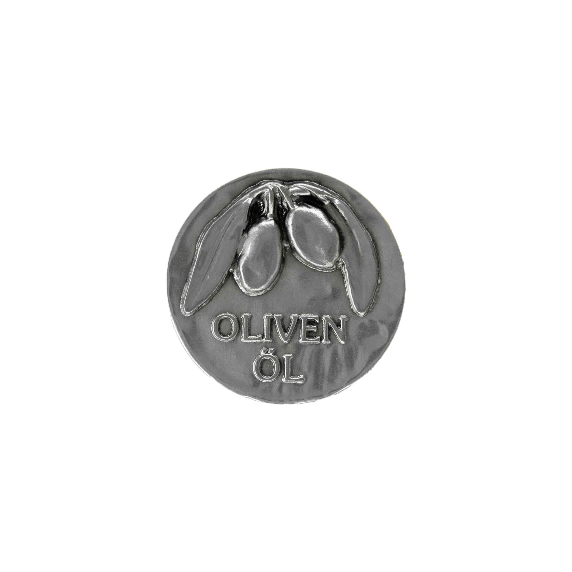 Blikken etiket 'Olijfolie', metaal, zilver Blikken etiket 'Olijfolie', metaal, zilver