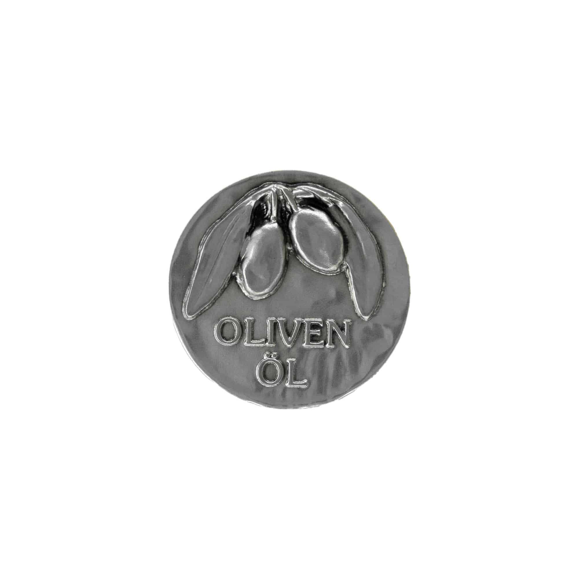 Blikken etiket 'Olijfolie', metaal, zilver