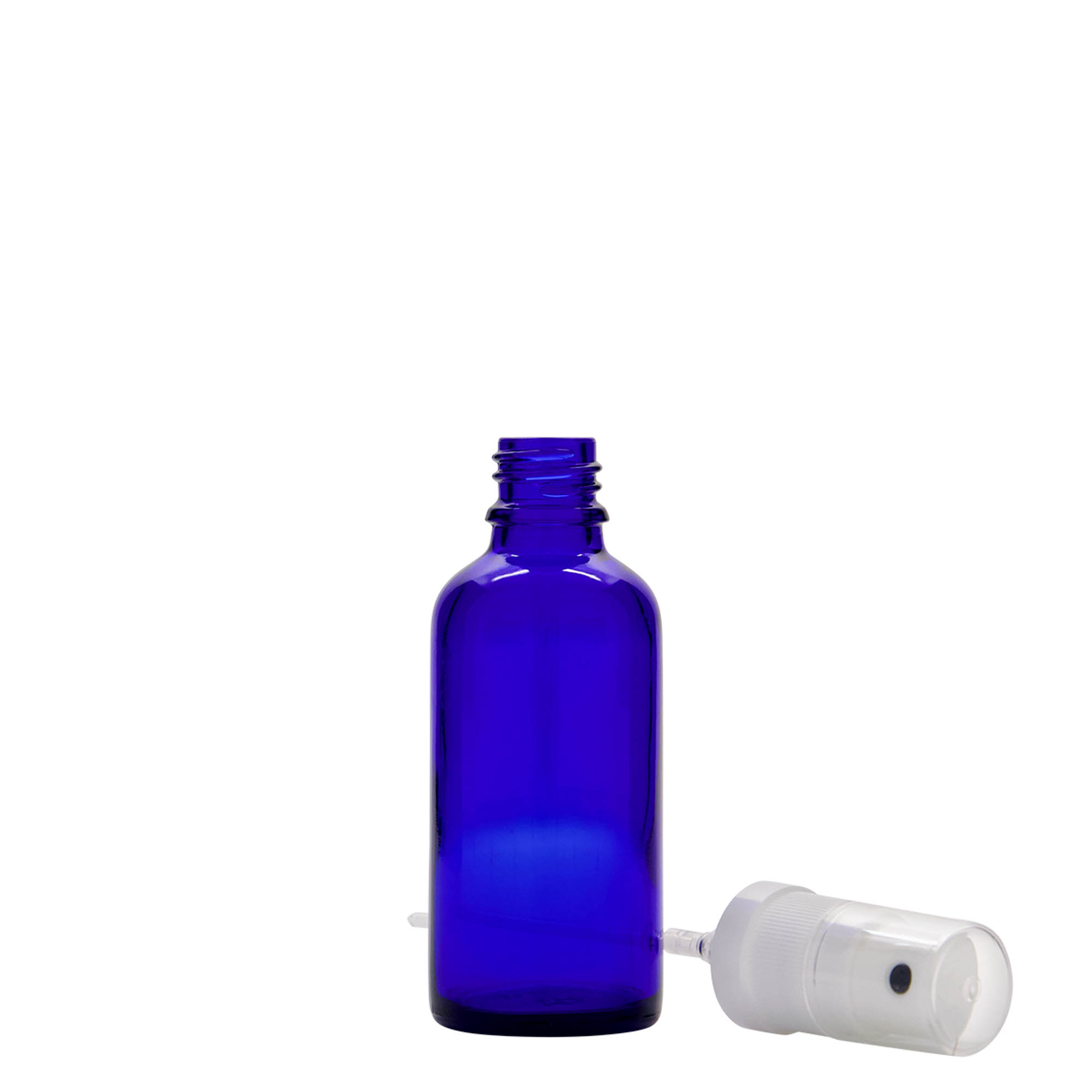 50 ml spuitflesje medicijn, glas, koningsblauw, mondstuk: DIN 18