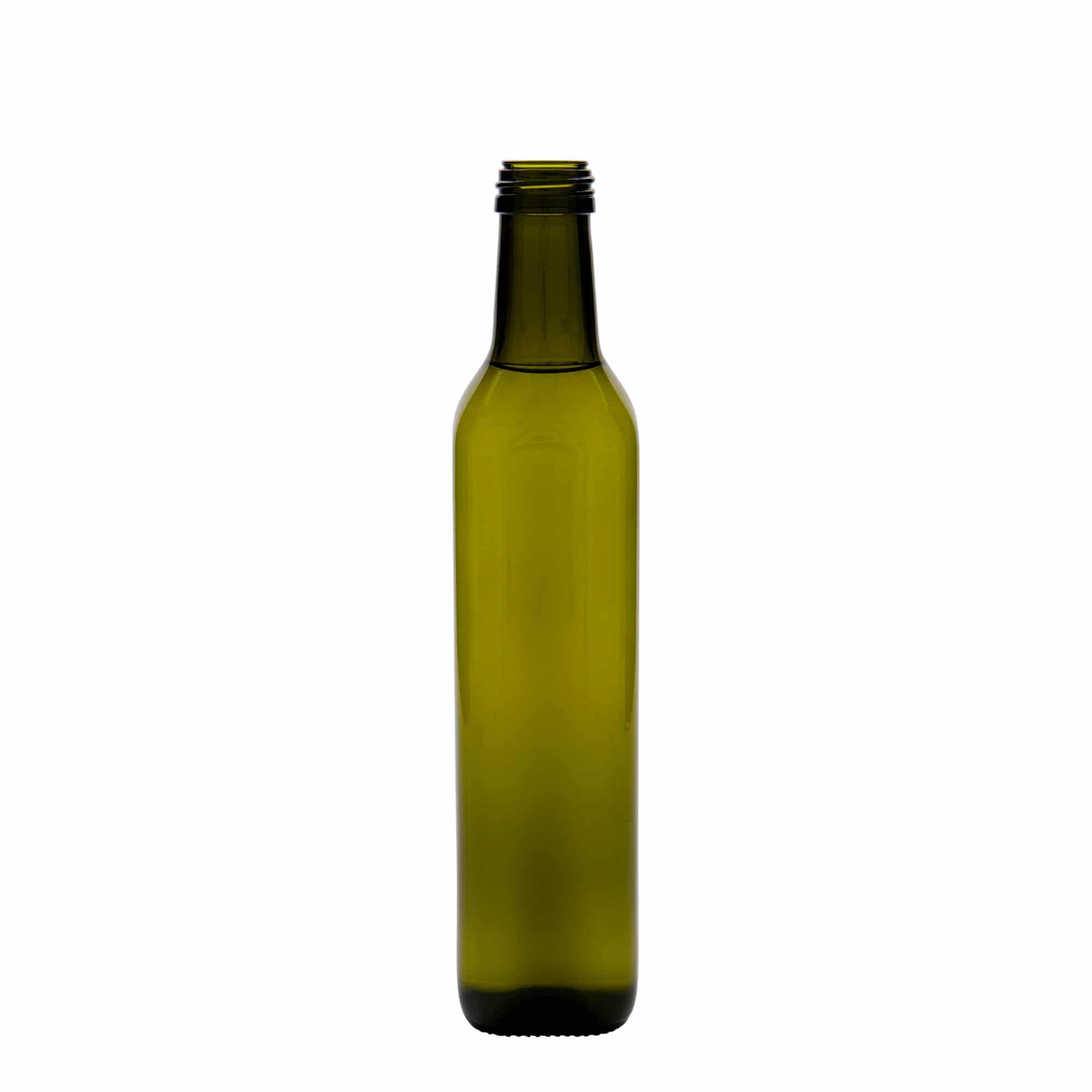 500 ml glazen fles 'Marasca', vierkant, antiekgroen, opening: PP 31,5 500 ml glazen fles 'Marasca', vierkant, antiekgroen, opening: PP 31,5