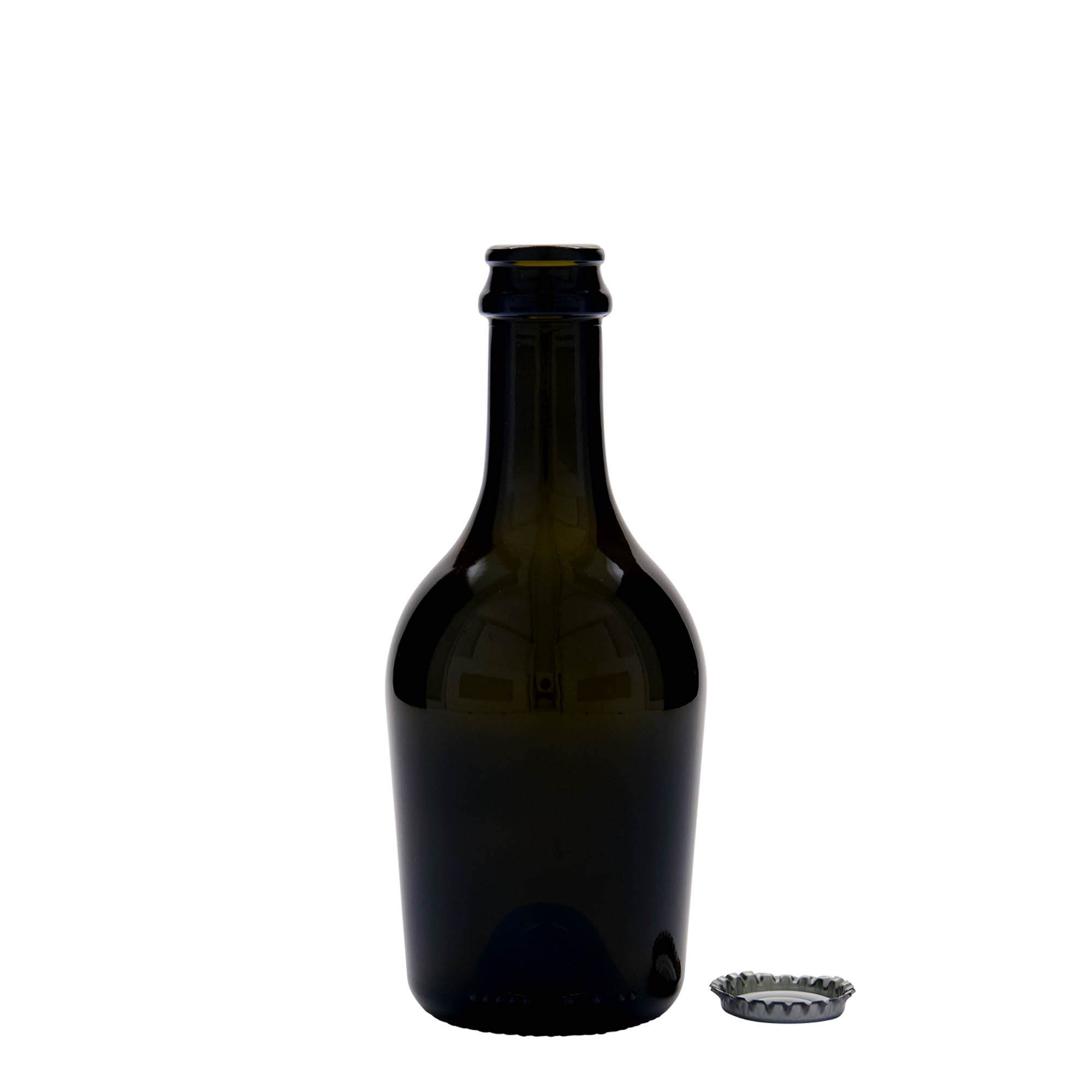 330 ml Bier-/sektfles 'Butterfly', glas, antiekgroen, hals: kroonkurk