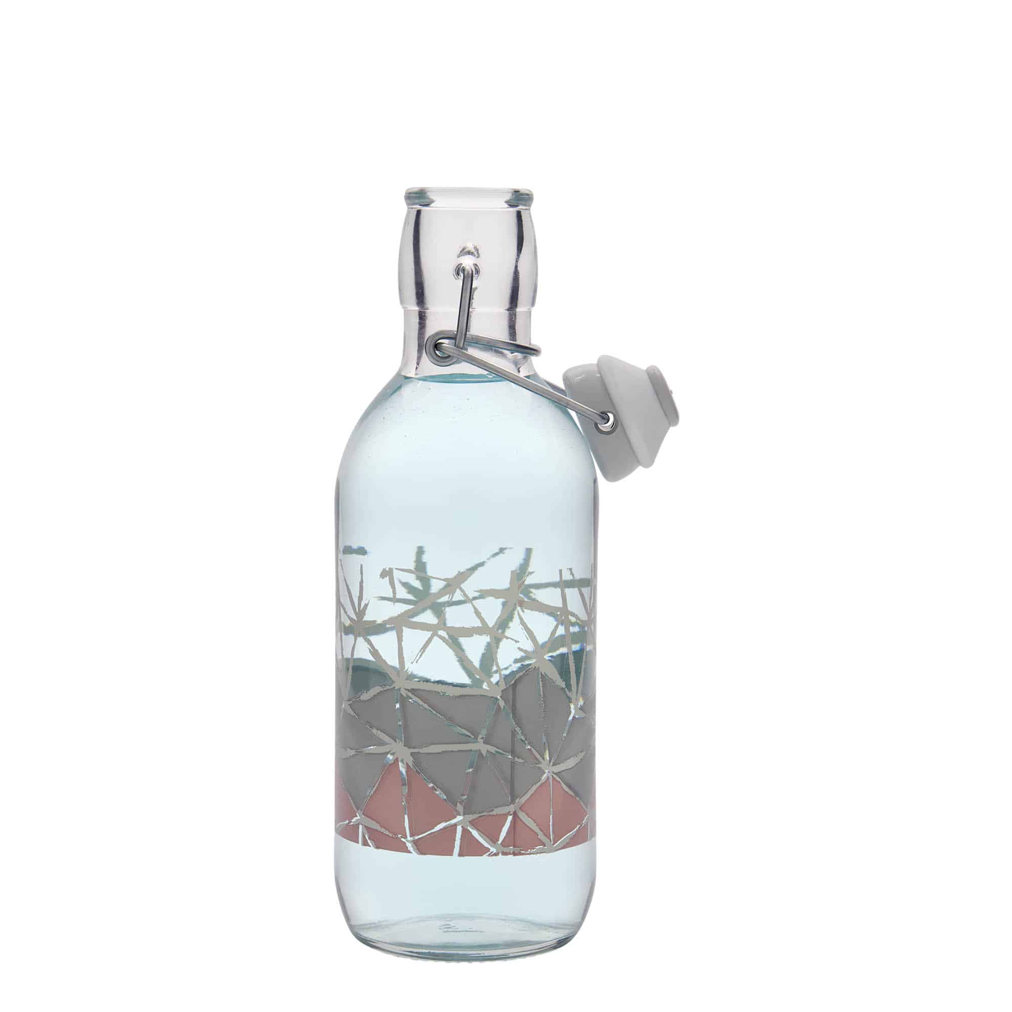 Glazen fles 'Emilia', 500 ml, motief: Manolibera rosa, monding: beugelsluiting Glazen fles 'Emilia', 500 ml, motief: Manolibera rosa, monding: beugelsluiting