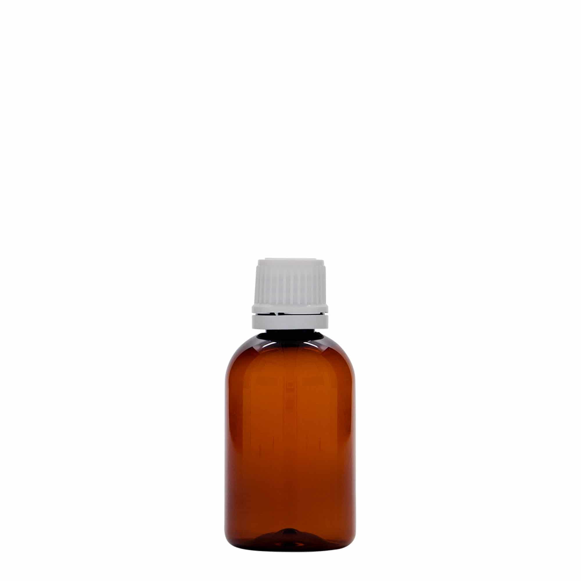 50 ml PET-medische fles 'Easy Living', bruin, kunststof, opening: DIN 18