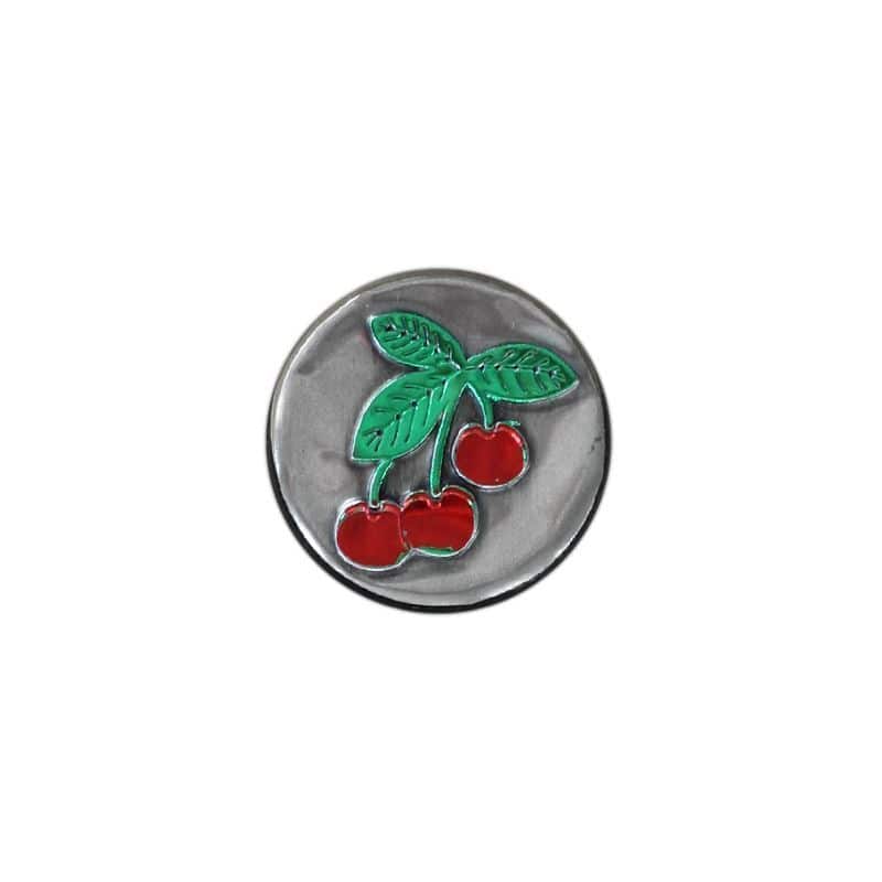 Tinnen etiket 'Kers', rond, metaal, zilver Tinnen etiket 'Kers', rond, metaal, zilver