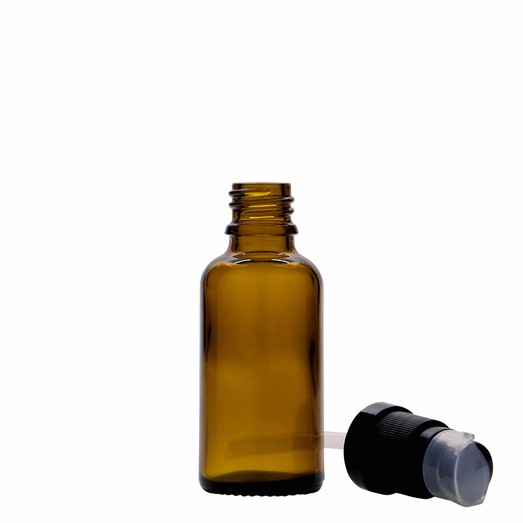 30 ml medicijnflesje met lotionpomp, glas, bruin, opening: DIN 18