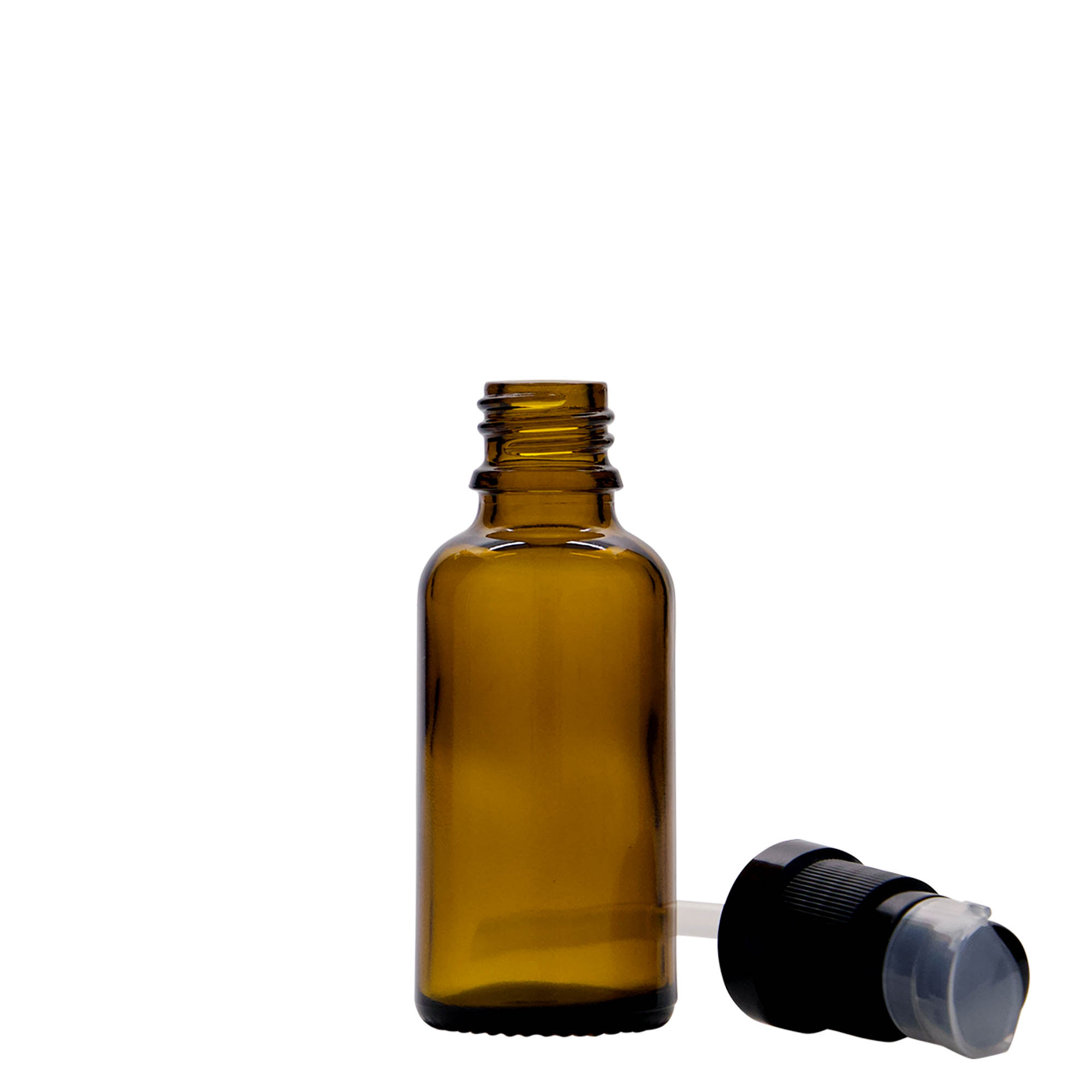 30 ml medicijnflesje met lotionpomp, glas, bruin, opening: DIN 18 30 ml medicijnflesje met lotionpomp, glas, bruin, opening: DIN 18