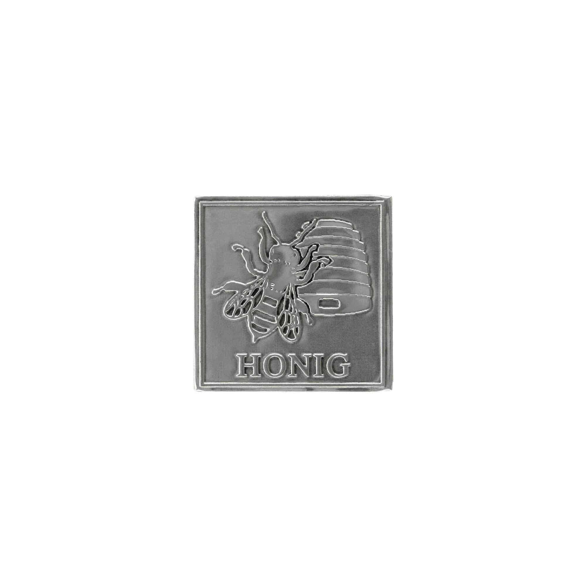 Tinnen etiket 'Honing', vierkant, metaal, zilver
