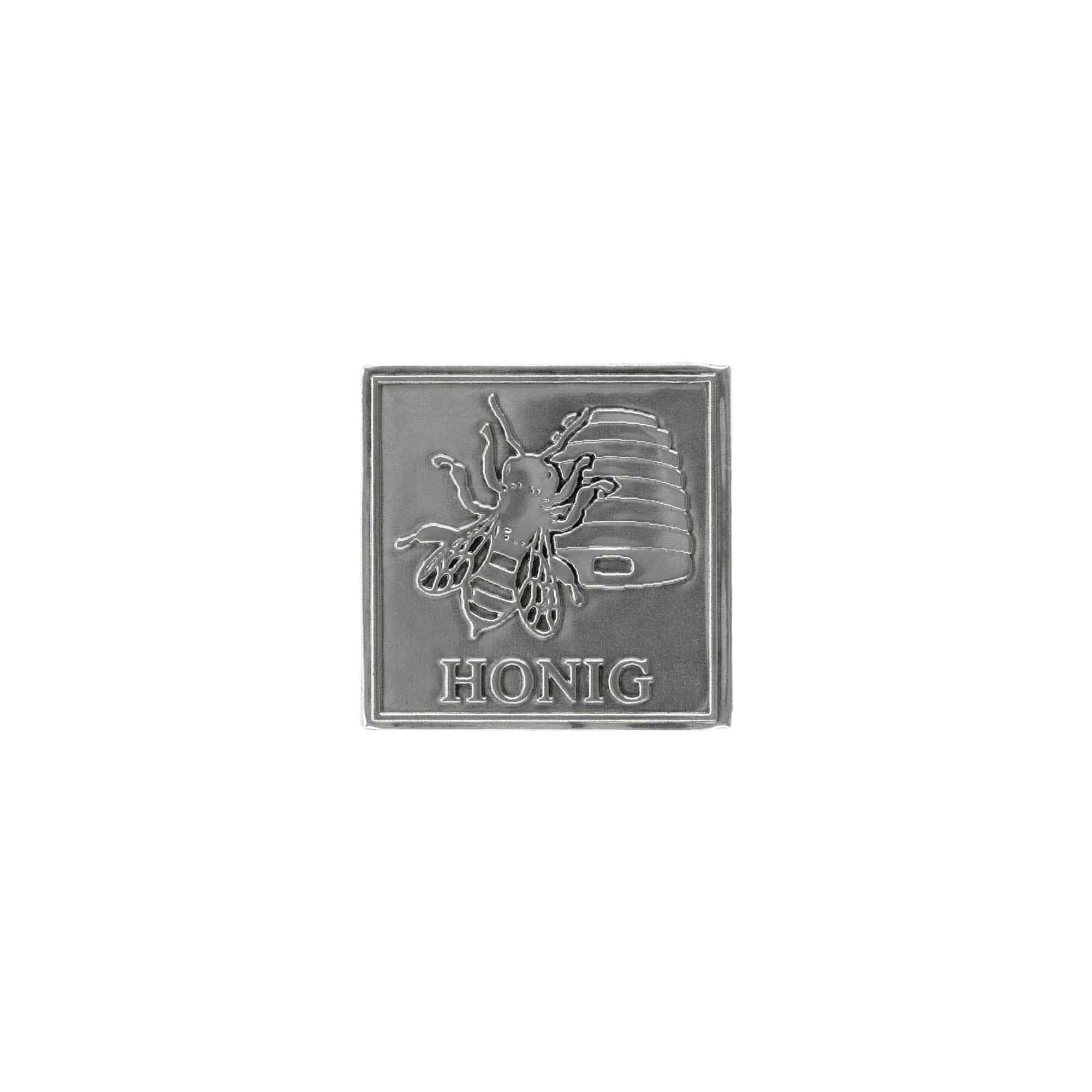 Tinnen etiket 'Honing', vierkant, metaal, zilver Tinnen etiket 'Honing', vierkant, metaal, zilver