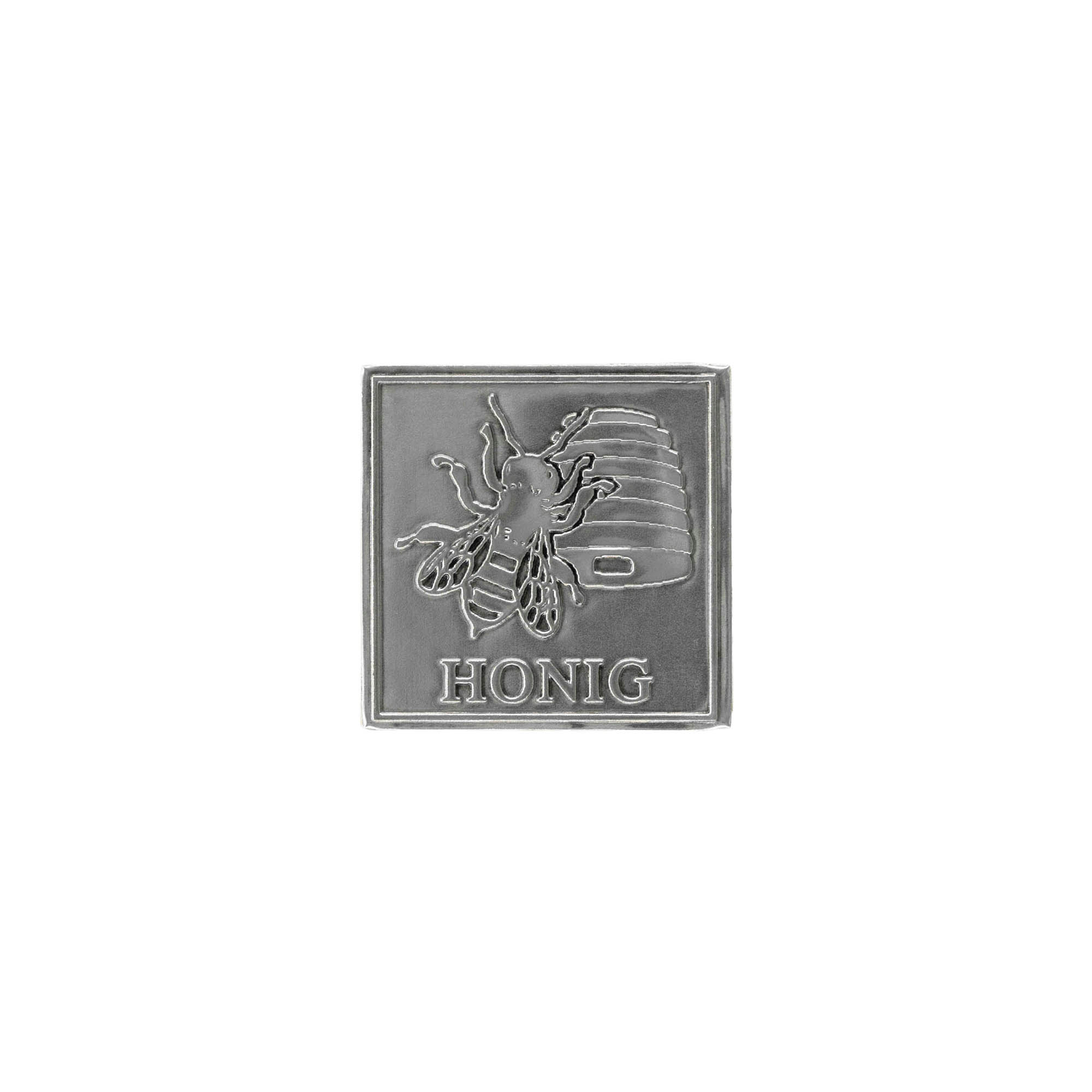 Tinlabel 'Honig', vierkant, metaal, zilver