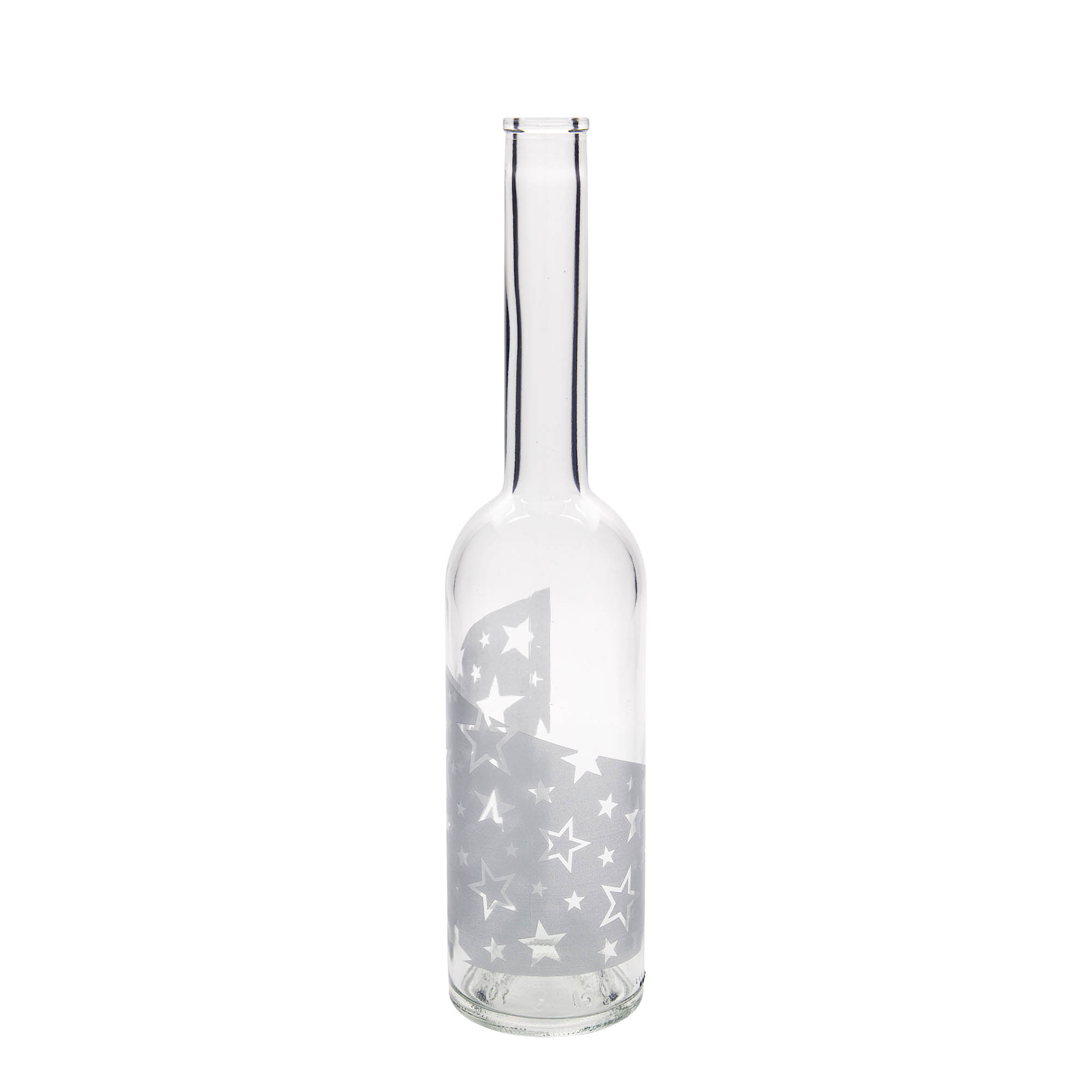 500 ml glazen fles 'Opera', motief: zilveren sterren, opening: kurk