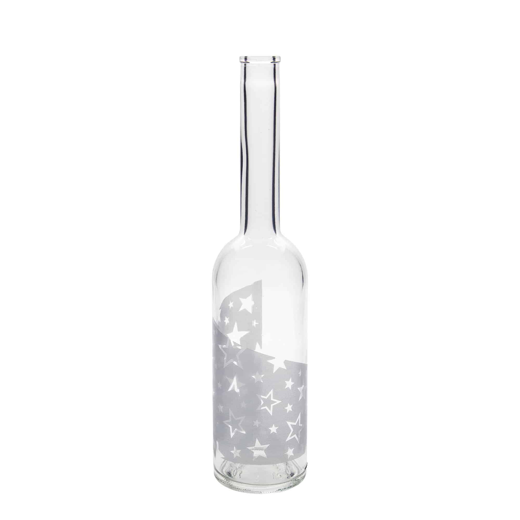 500 ml glazen fles 'Opera', motief: zilveren sterren, opening: kurk