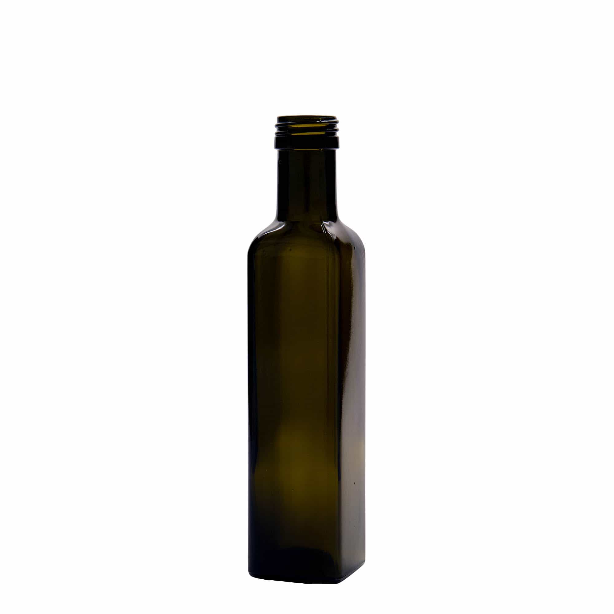 250 ml glazen fles 'Marasca', vierkant, antiekgroen, opening: PP 31,5