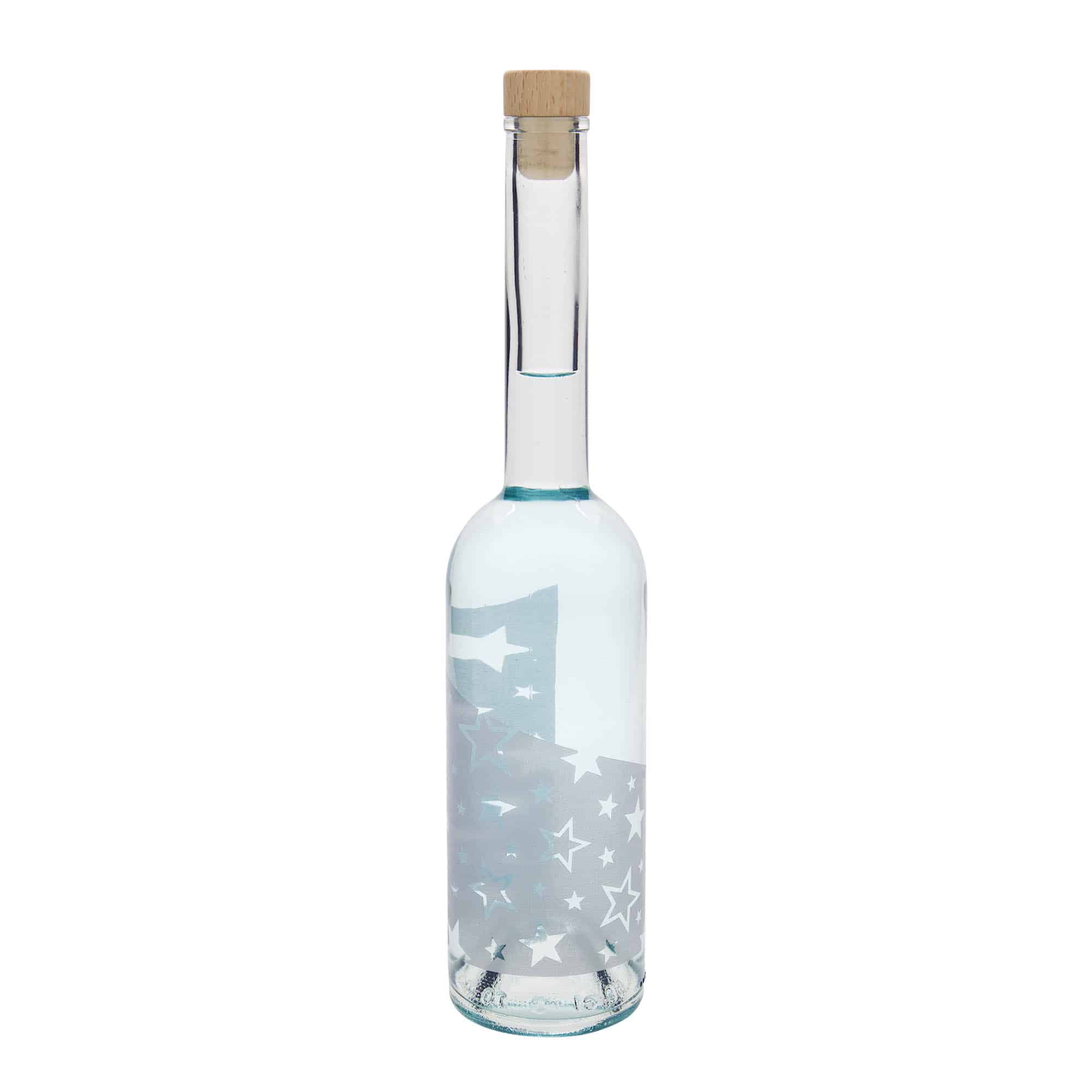 500 ml glazen fles 'Opera', motief: zilveren sterren, opening: kurk
