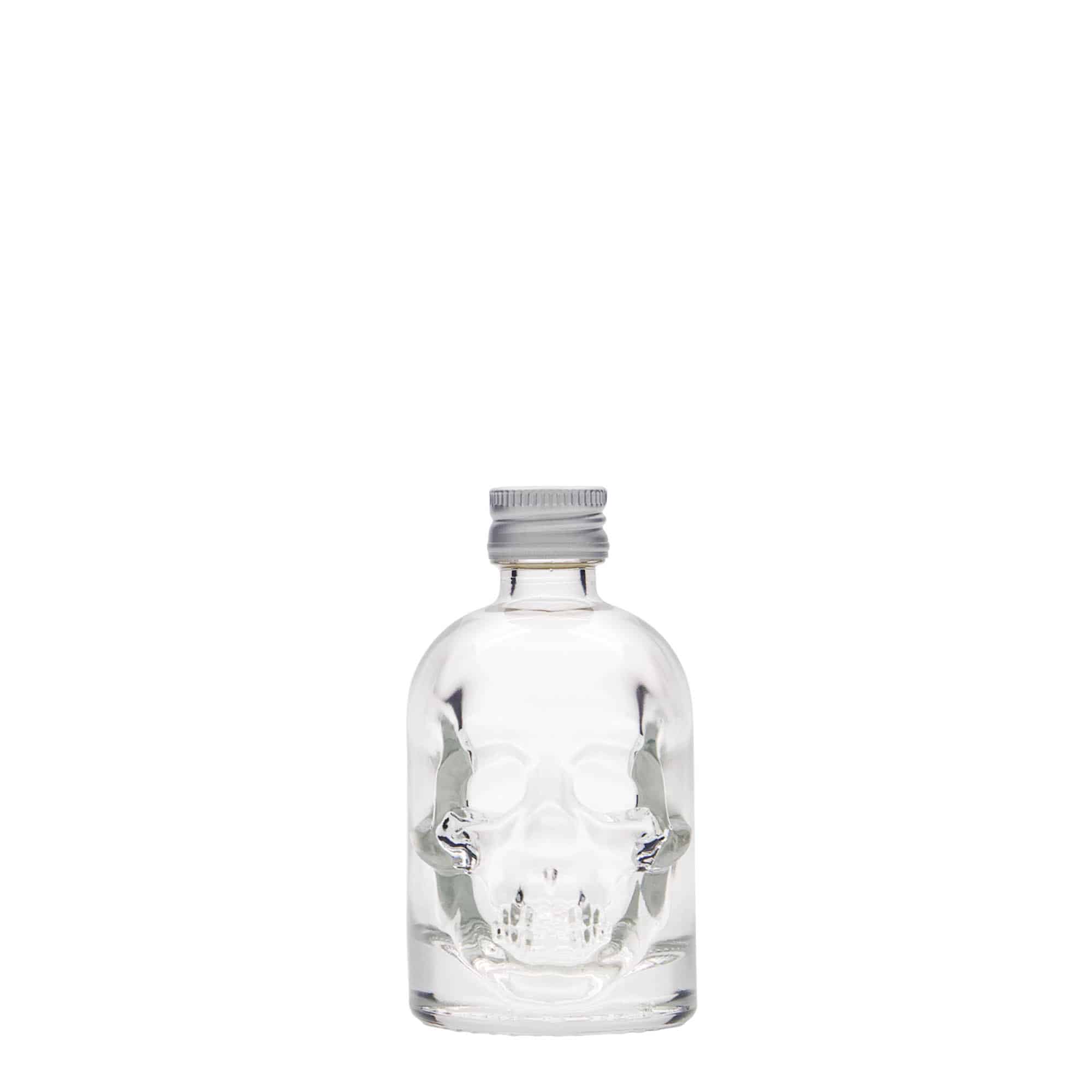 50 ml glazen fles 'Doodskop', mondstuk: PP 18 50 ml glazen fles 'Doodskop', mondstuk: PP 18