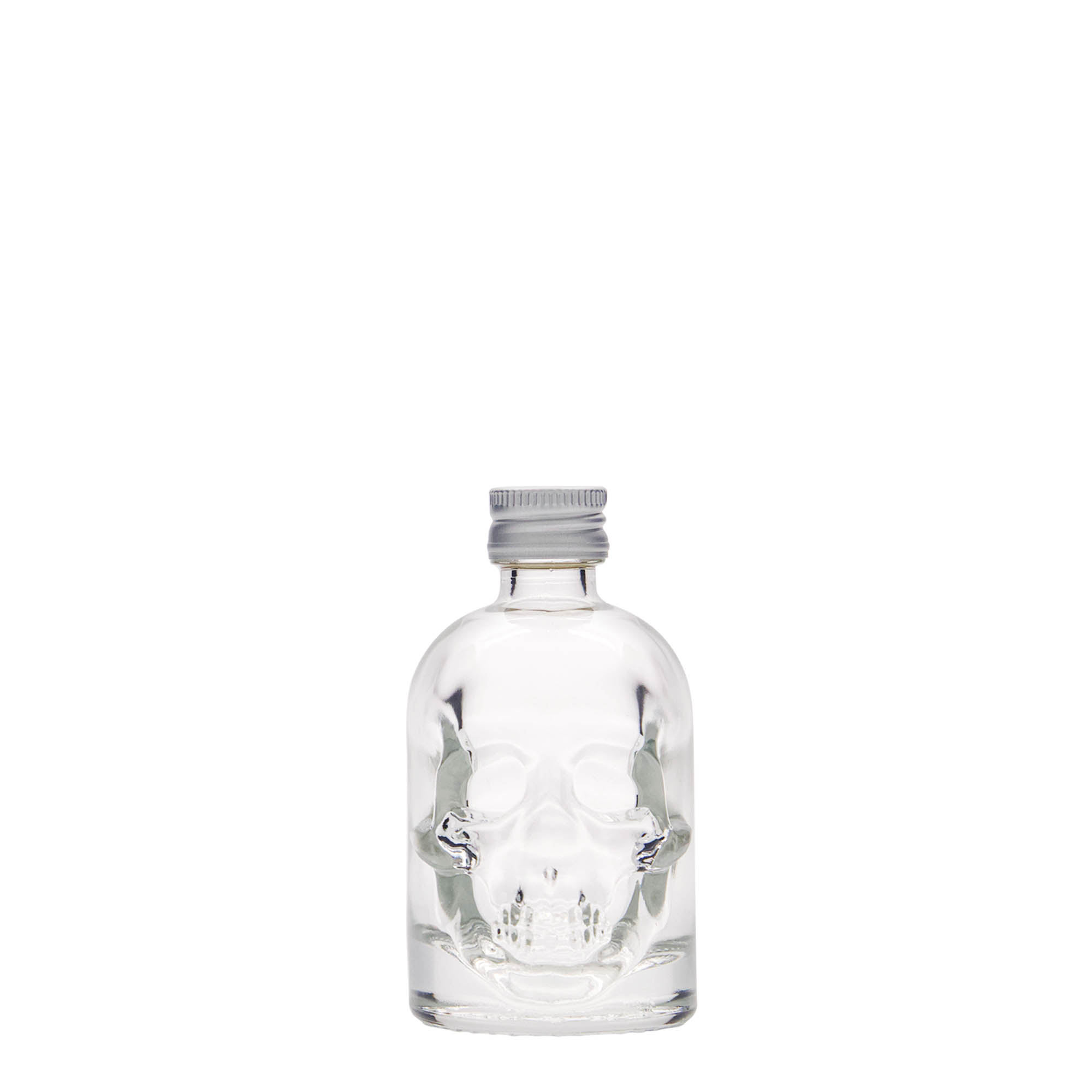 50 ml glazen fles 'Doodskop', mondstuk: PP 18 50 ml glazen fles 'Doodskop', mondstuk: PP 18