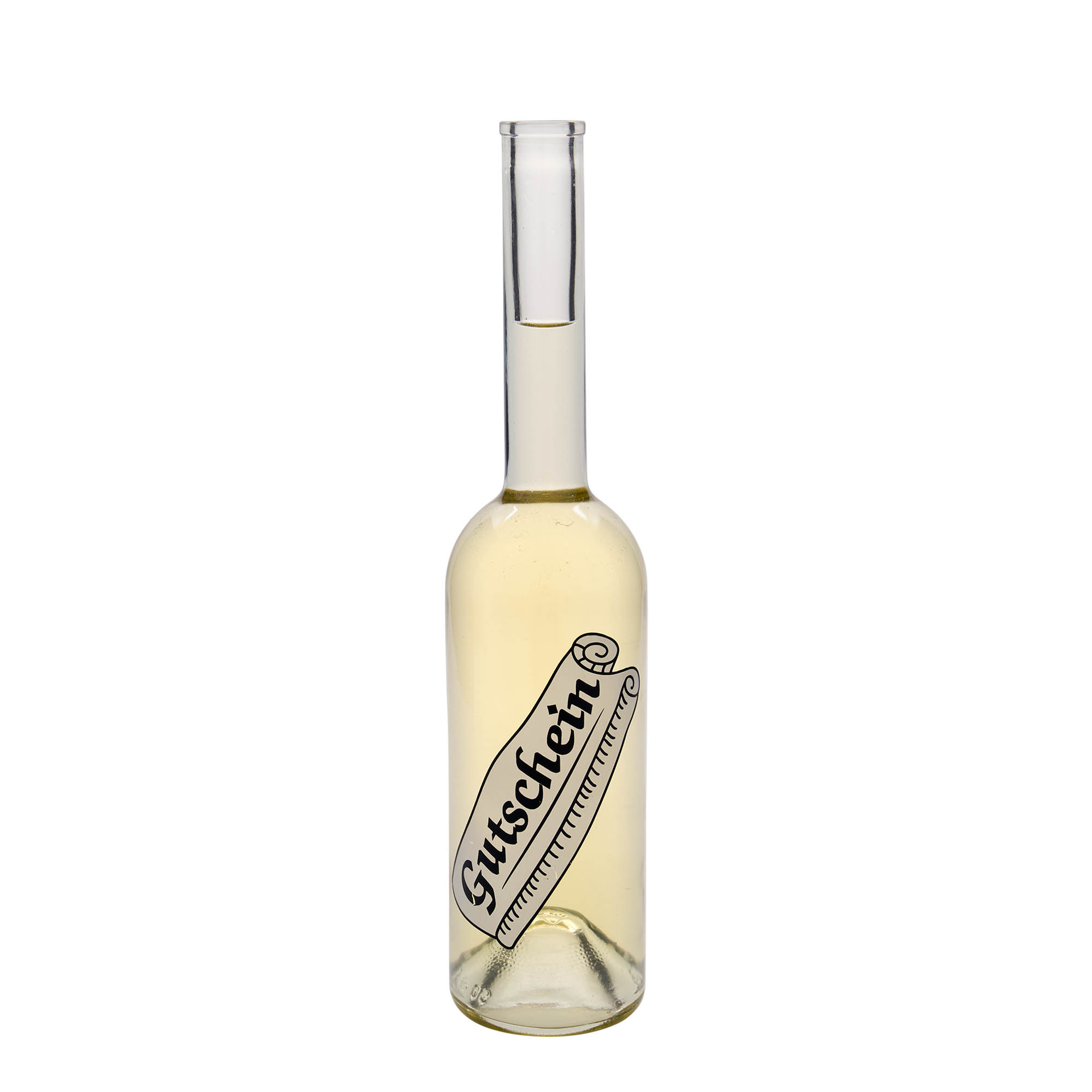 500 ml glazen fles 'Opera', motief: cadeaubon, hals: kurk