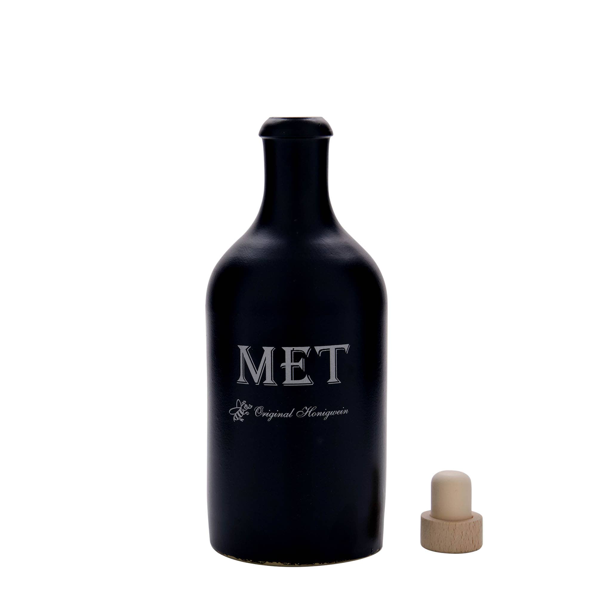 500 ml tonkruik, motief: met, steengoed, zwart, monding: kurk