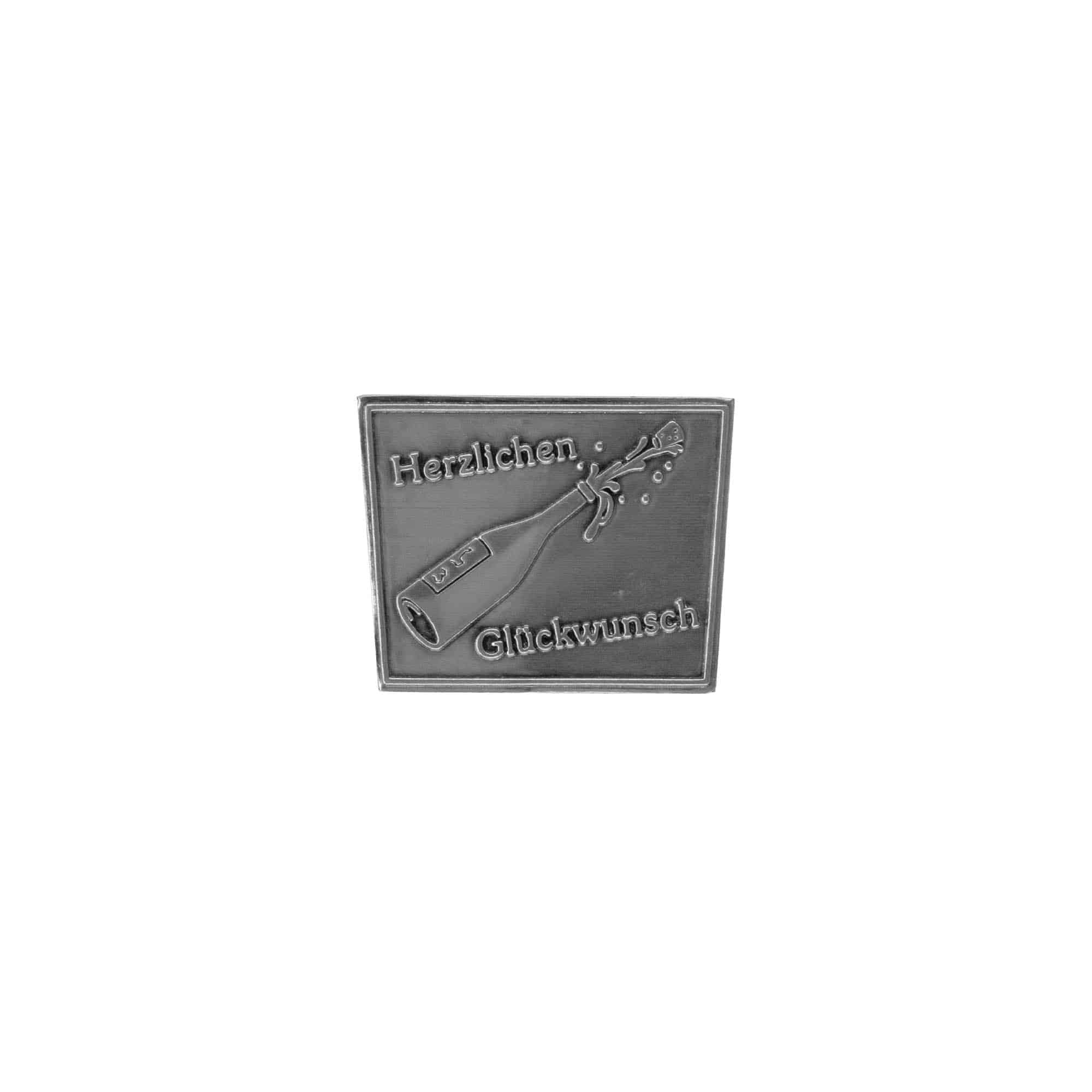 Tinlabel 'Gefeliciteerd', trapeziumvormig, metaal, zilver