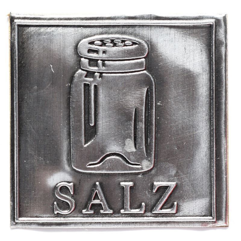 Tinnen etiket 'Zout', vierkant, metaal, zilver Tinnen etiket 'Zout', vierkant, metaal, zilver