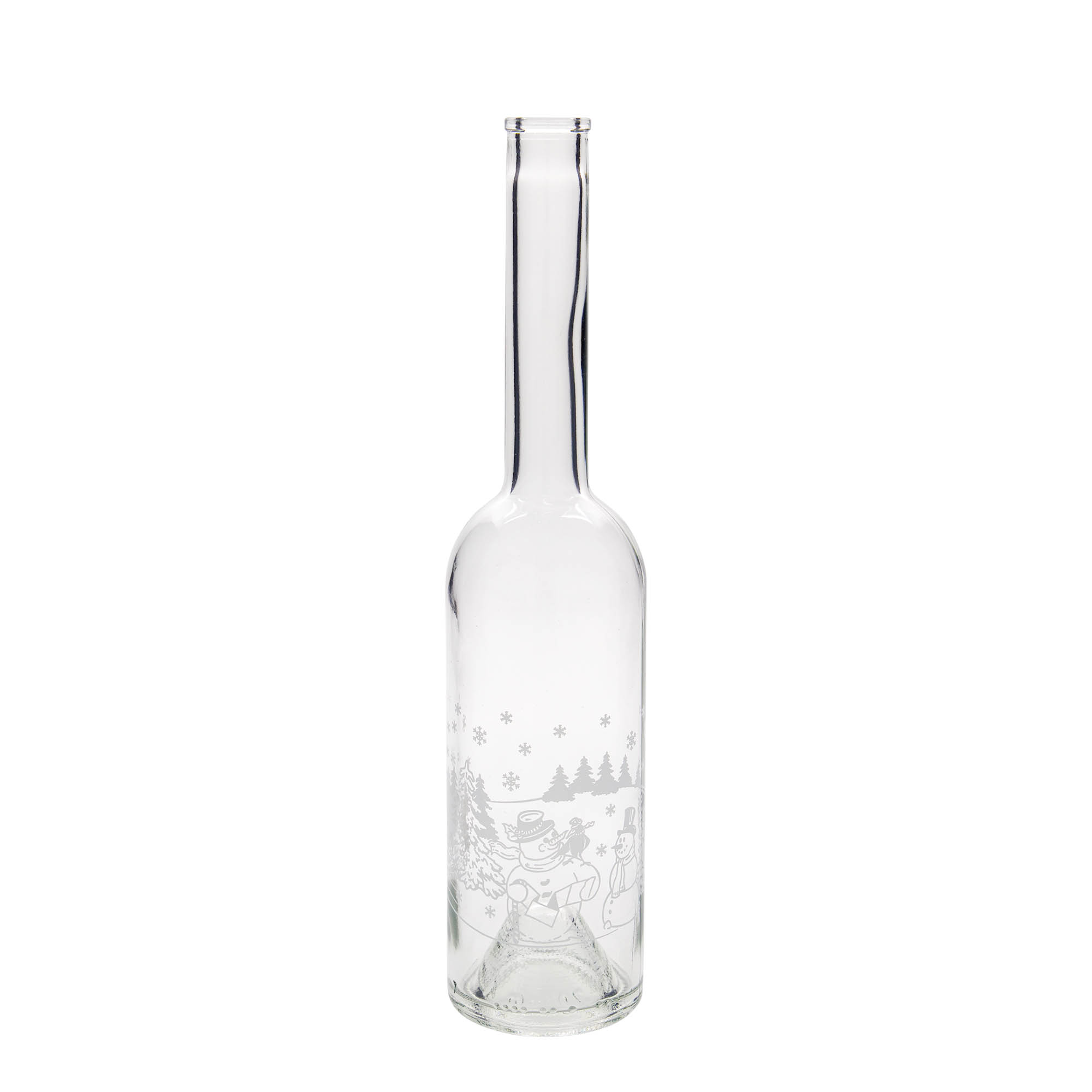 Glazen fles 'Opera', 500 ml, motief: Sneeuwpopfles, monding: kurk Glazen fles 'Opera', 500 ml, motief: Sneeuwpopfles, monding: kurk
