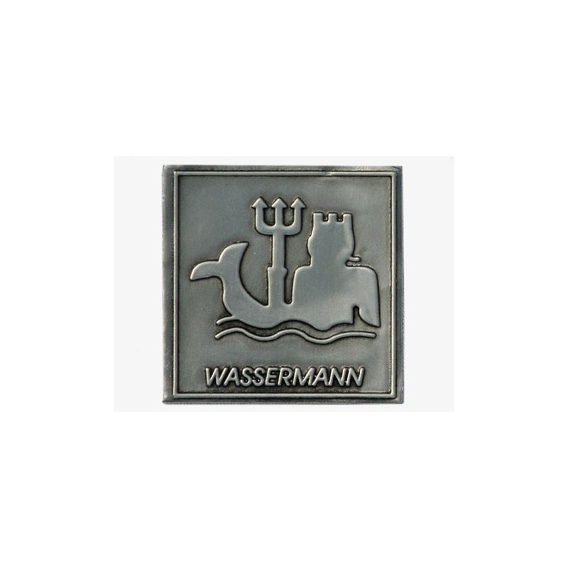 Zinken label 'Wassermann', vierkant, metaal, zilver Zinken label 'Wassermann', vierkant, metaal, zilver