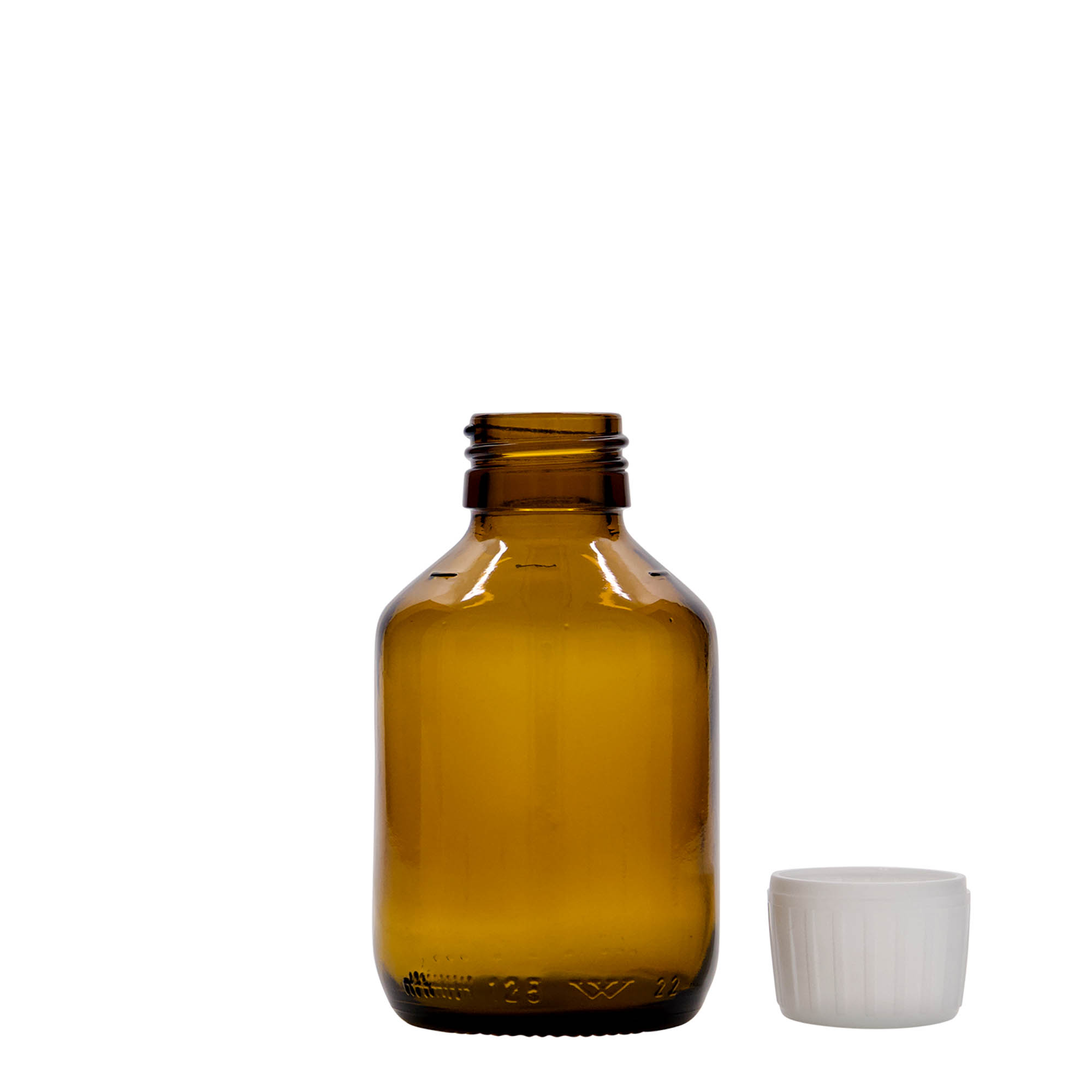 125 ml medicijnfles, bruin, glas, opening: PP 28