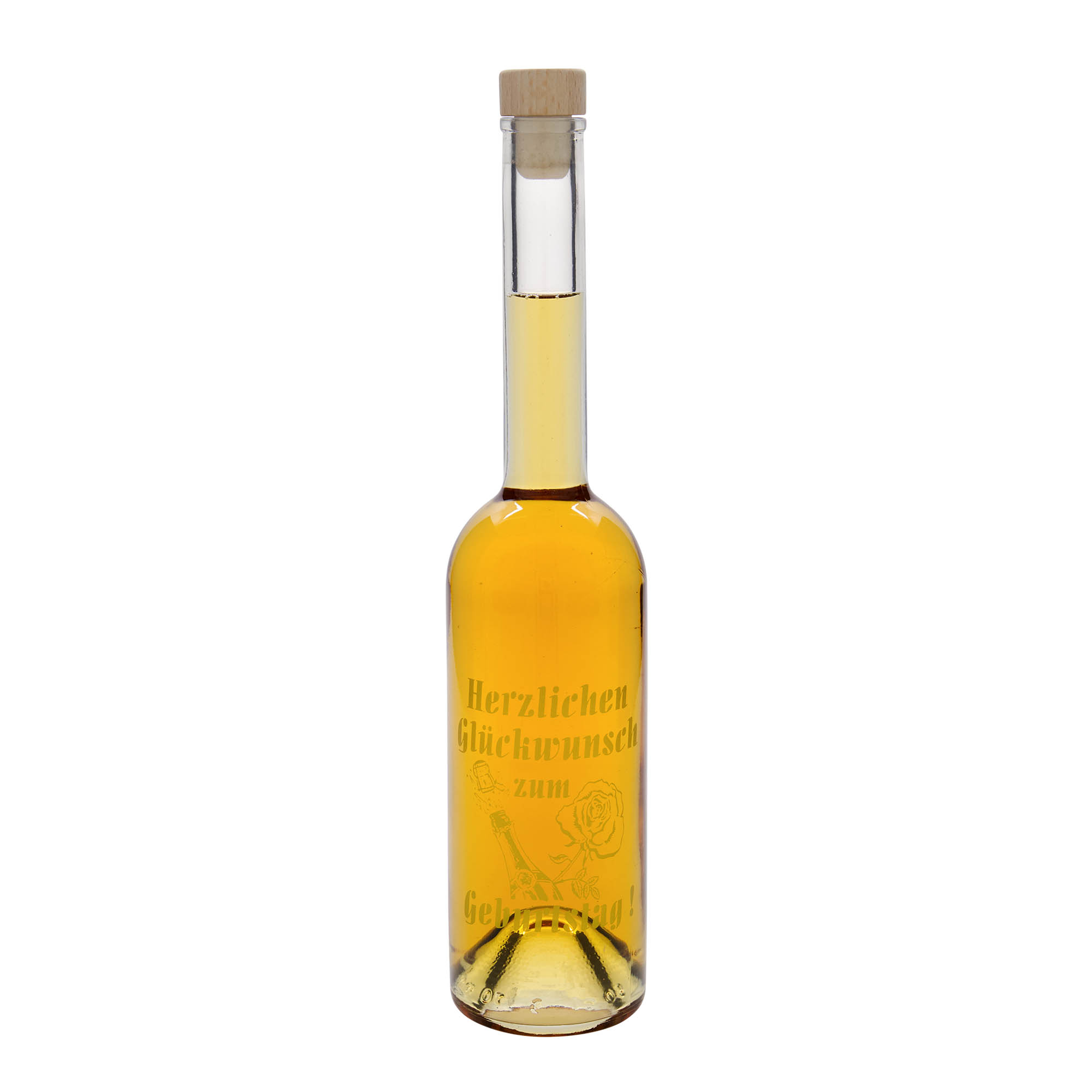 500 ml glazen fles 'Opera', motief: verjaardagsfles, opening: kurk 500 ml glazen fles 'Opera', motief: verjaardagsfles, opening: kurk