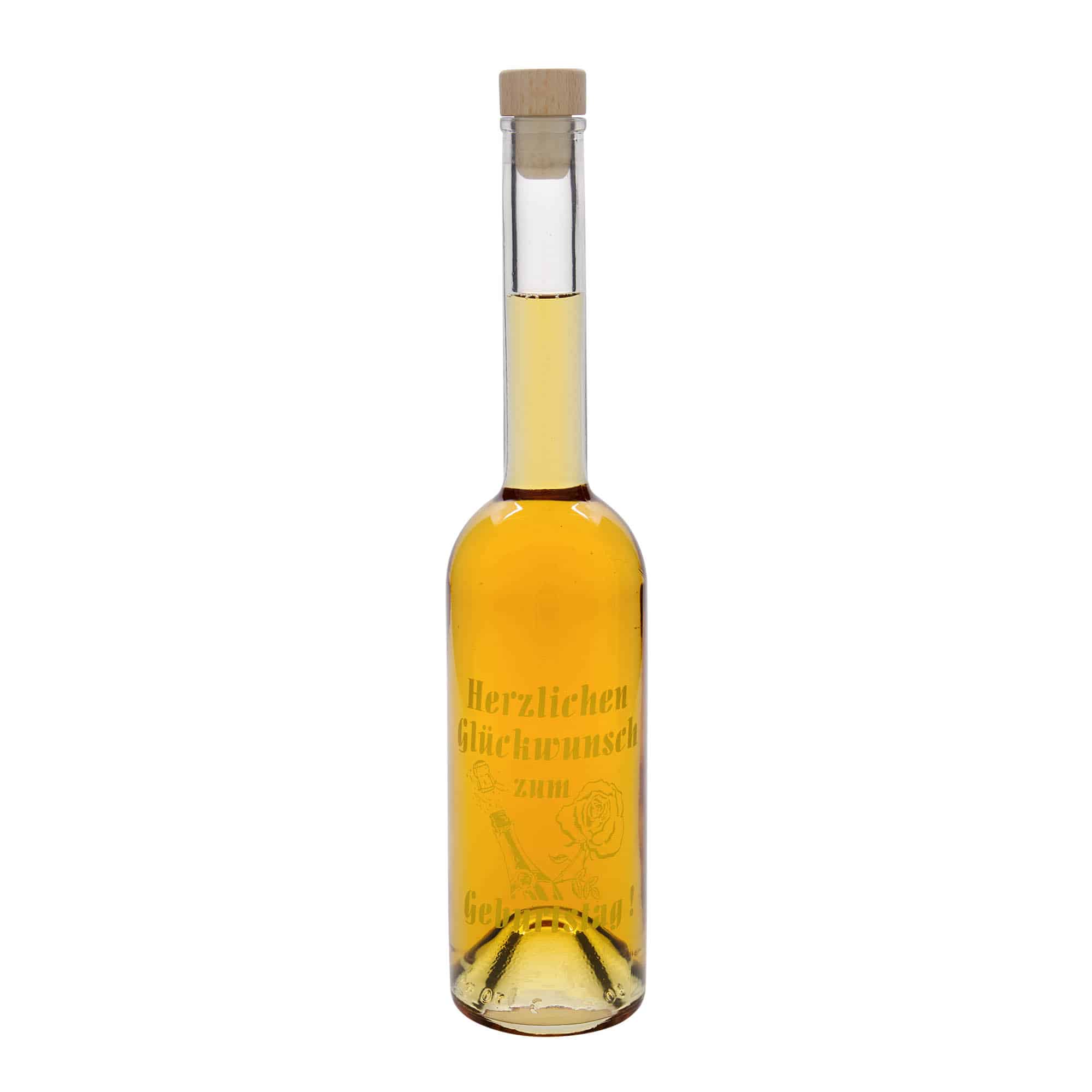 500 ml glazen fles 'Opera', motief: verjaardagsfles, opening: kurk