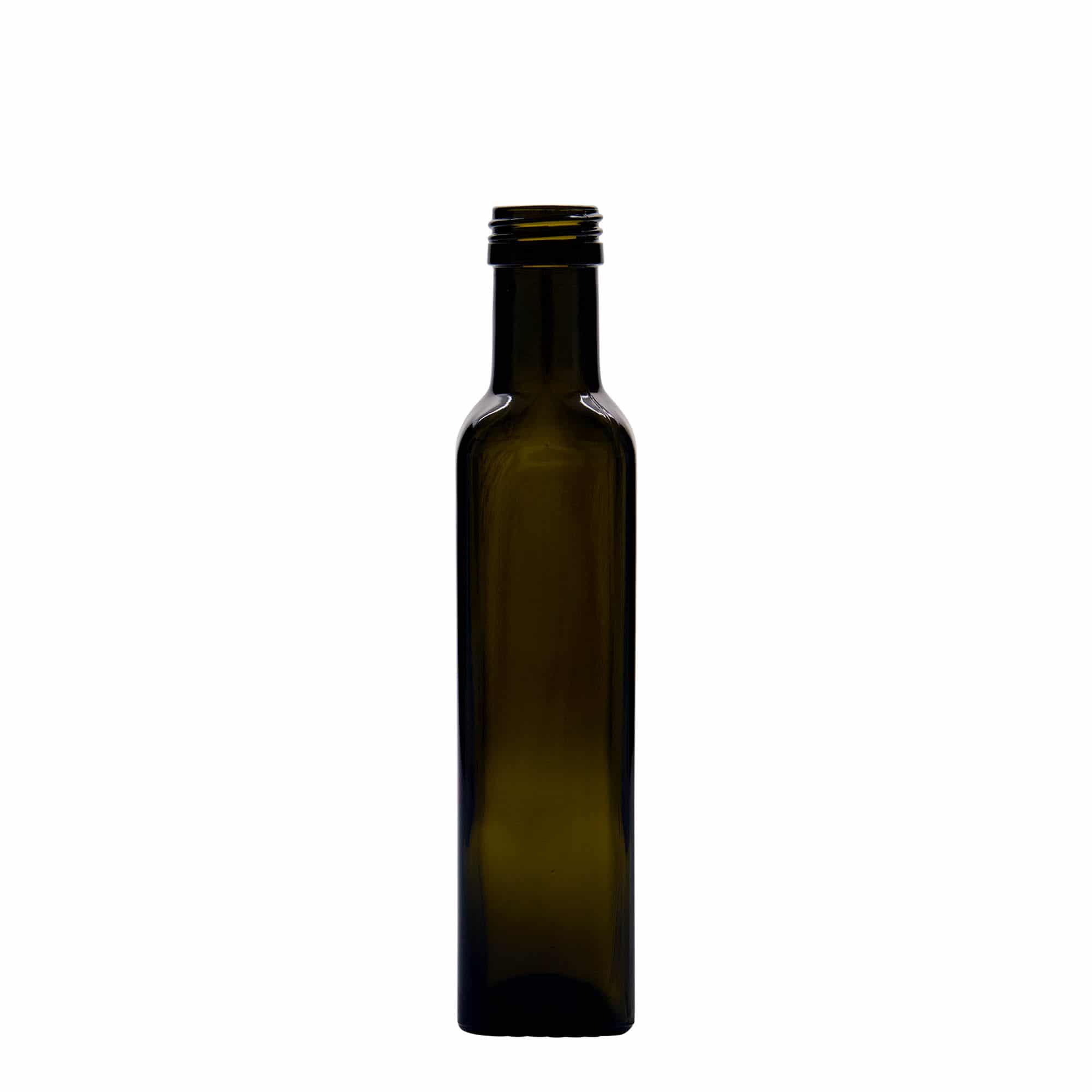 Glazen fles 'Marasca', 250 ml, vierkant, antiekgroen, monding: PP 31,5