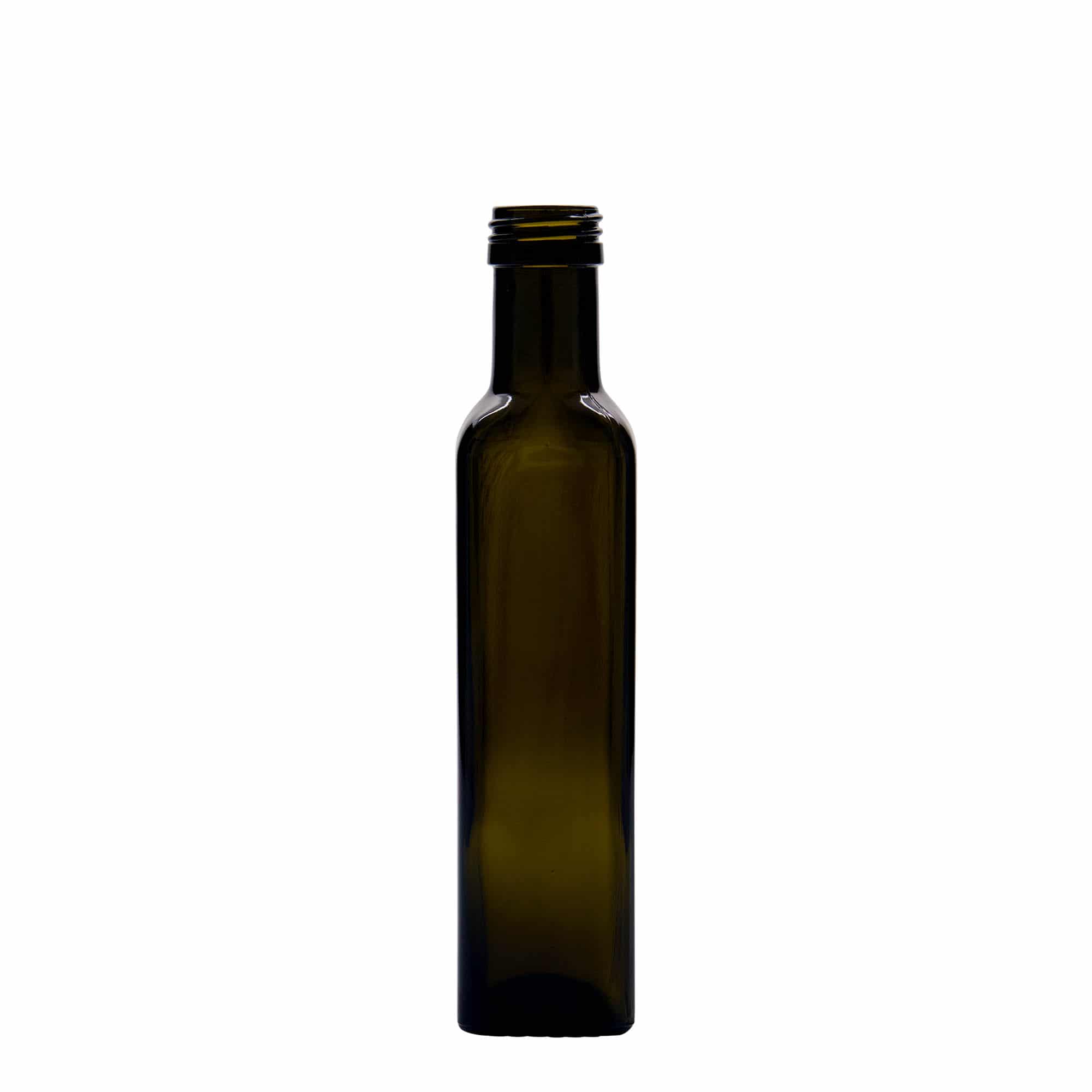 Glazen fles 'Marasca', 250 ml, vierkant, antiekgroen, monding: PP 31,5 Glazen fles 'Marasca', 250 ml, vierkant, antiekgroen, monding: PP 31,5