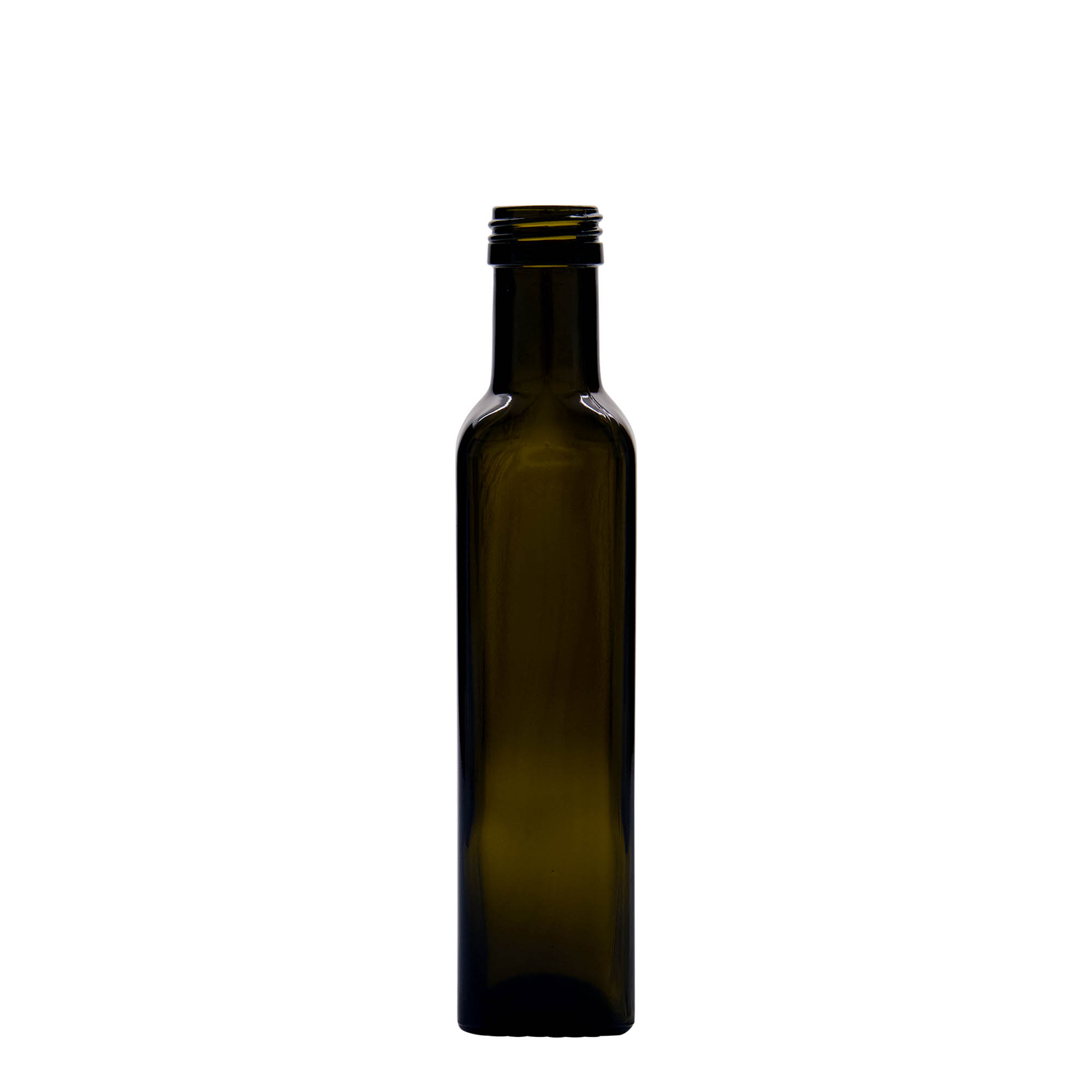 250 ml glazen fles 'Marasca', vierkant, antiekgroen, opening: PP 31,5
