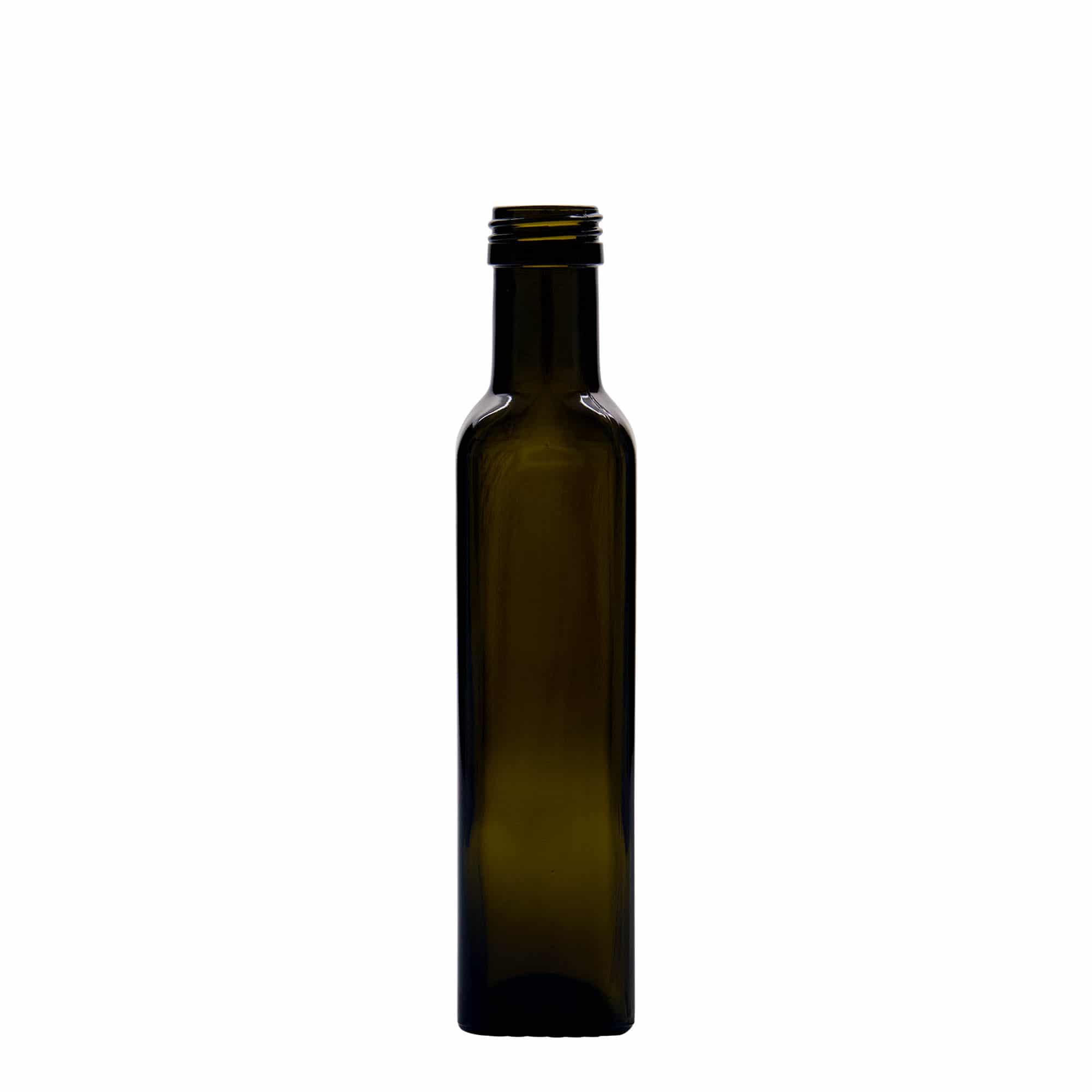 250 ml glazen fles 'Marasca', vierkant, antiekgroen, opening: PP 31,5