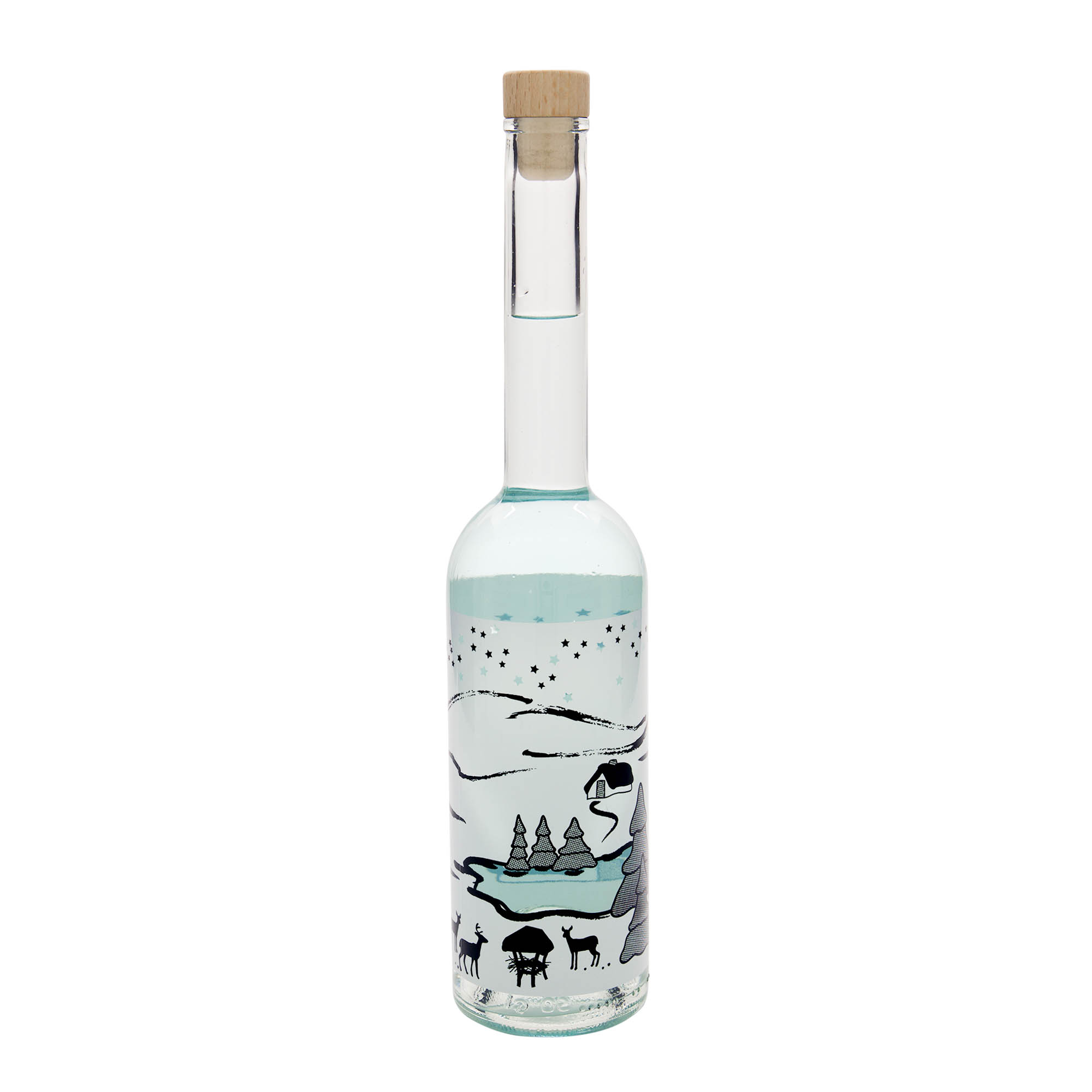 500 ml glazen fles 'Opera', motief: Wintertraum-Bianco, hals: kurk 500 ml glazen fles 'Opera', motief: Wintertraum-Bianco, hals: kurk