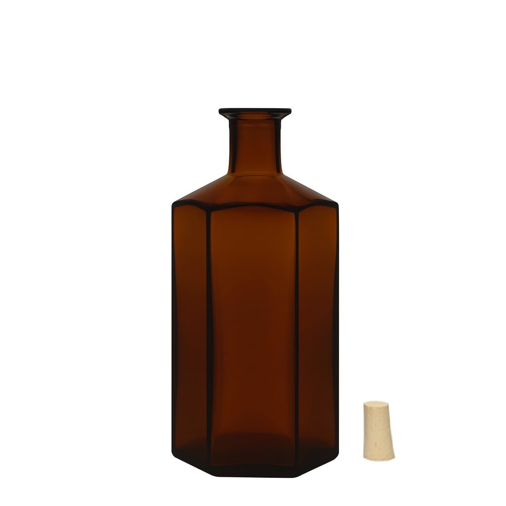 500 ml glazen fles apotheker 'Jimmy', zeshoekig, bruin, opening: kurk