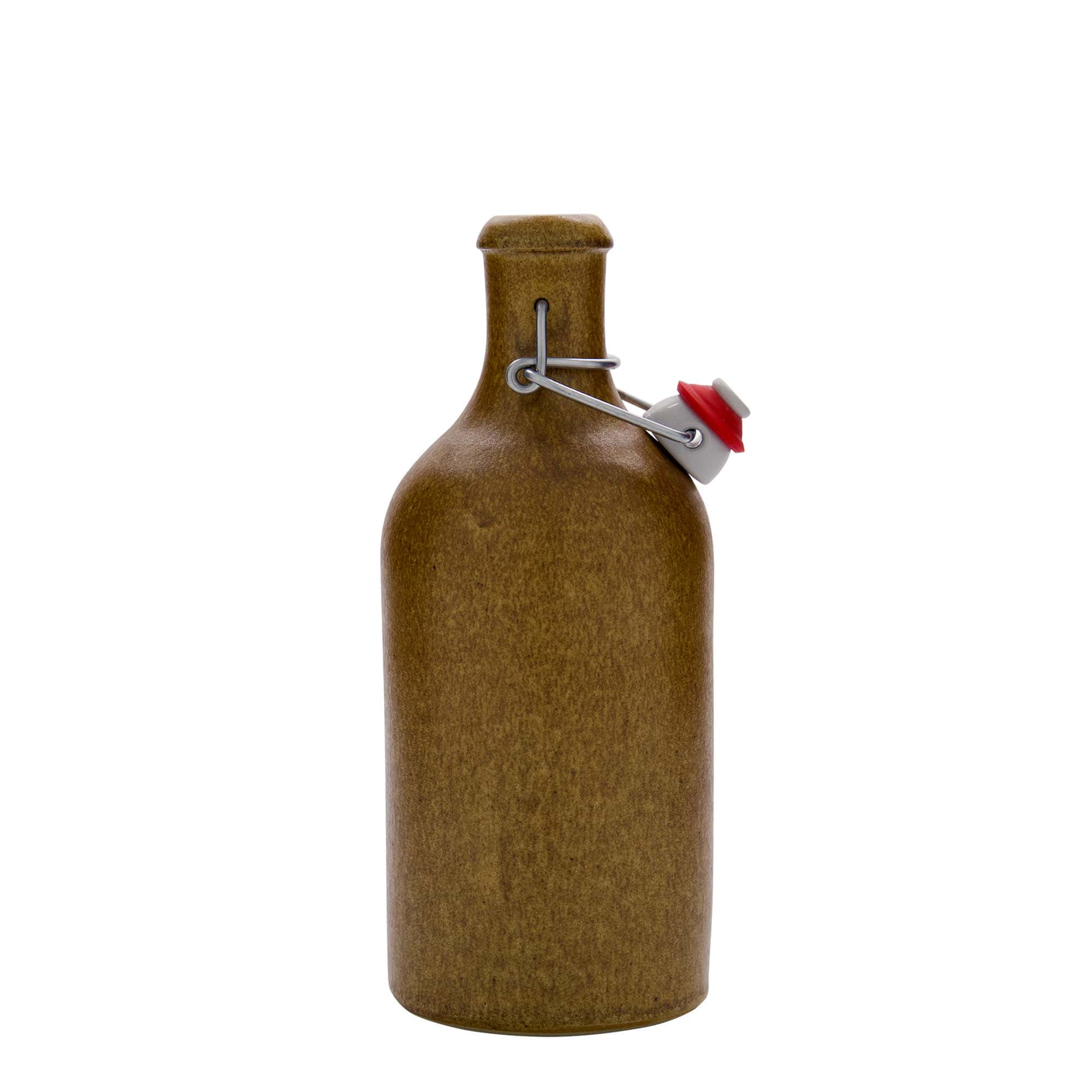 500 ml tonvormige kruik, steengoed, bruin-kristal, monding: beugelsluiting