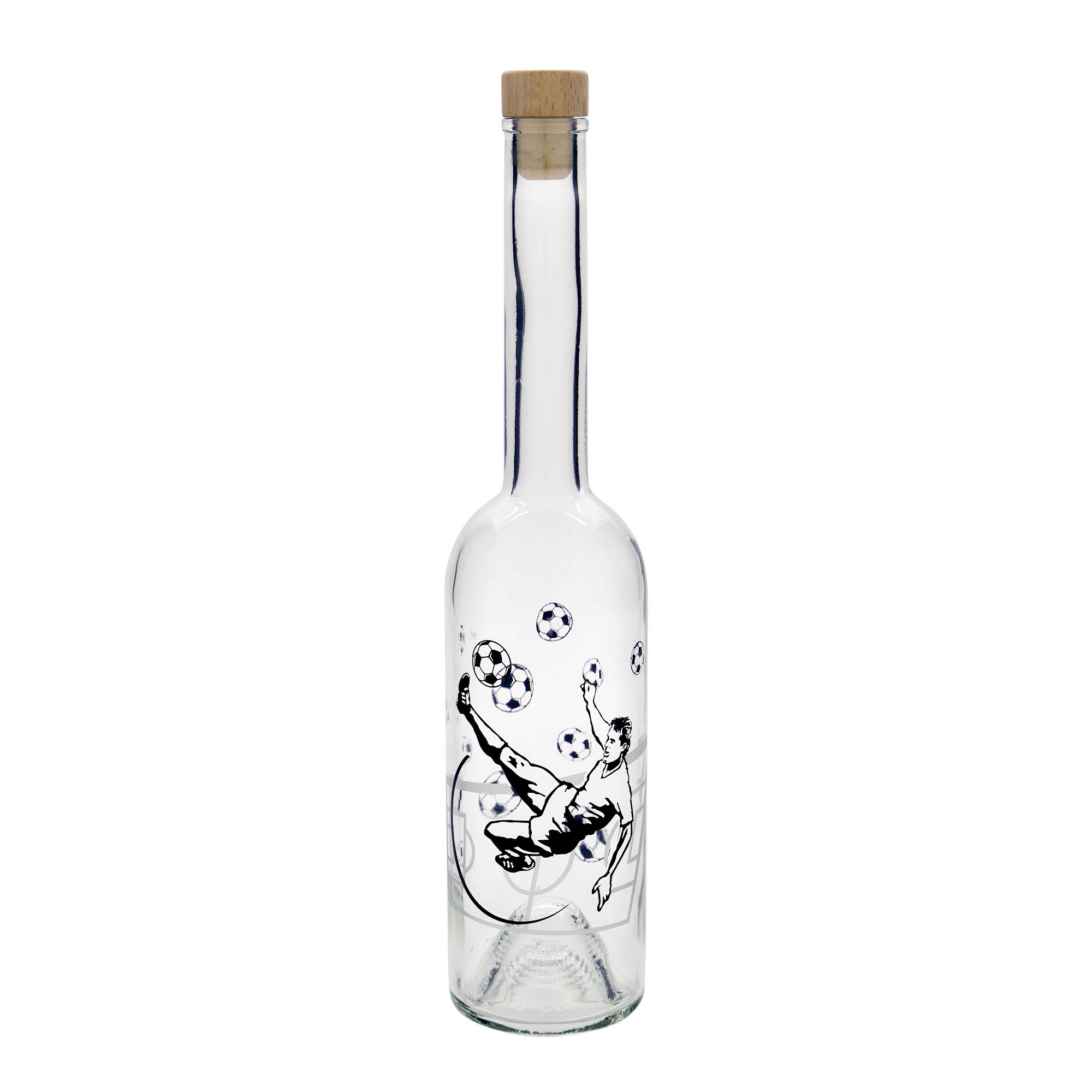 500 ml glazen fles 'Opera', motief: voetballer, hals: kurk