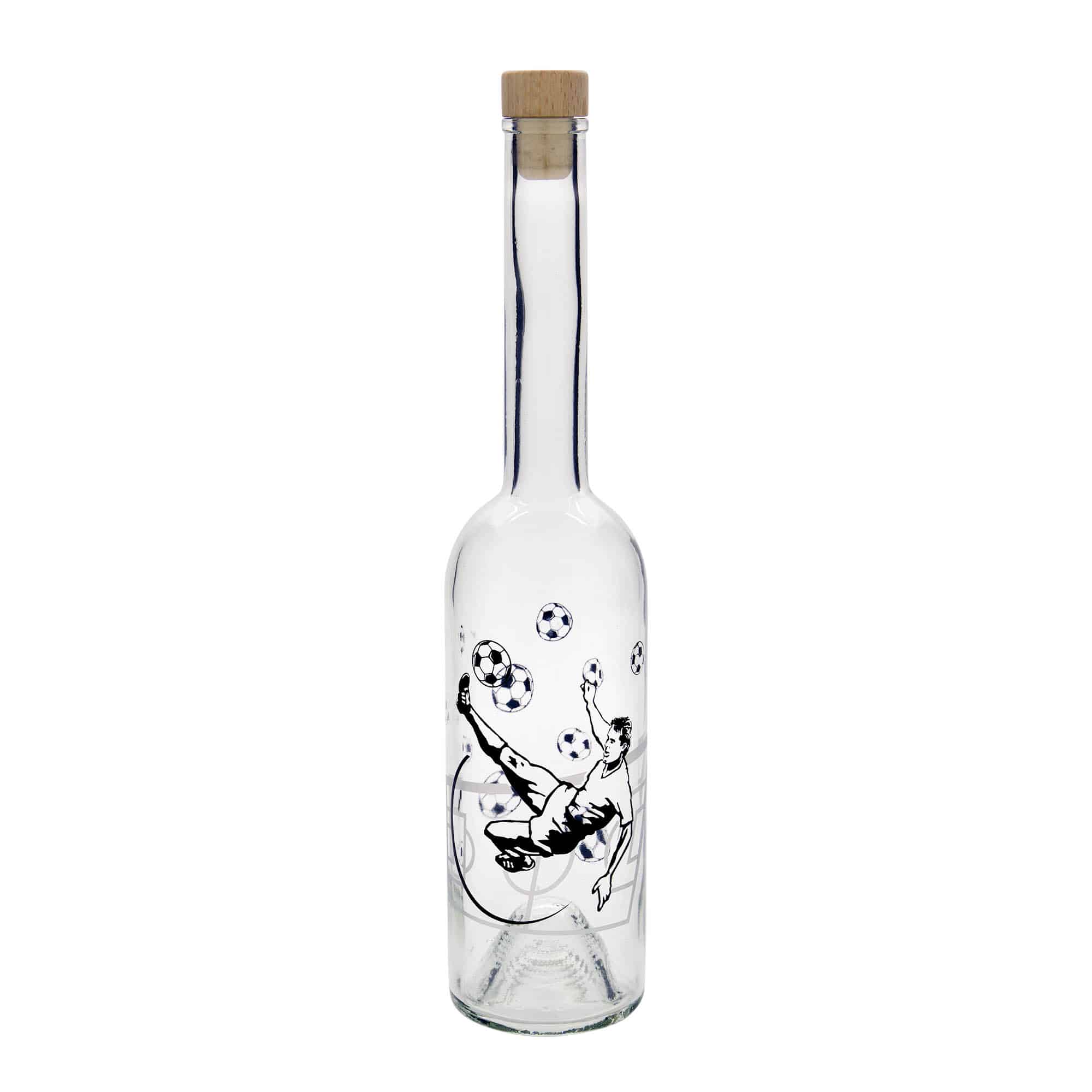 500 ml glazen fles 'Opera', motief: voetballer, hals: kurk