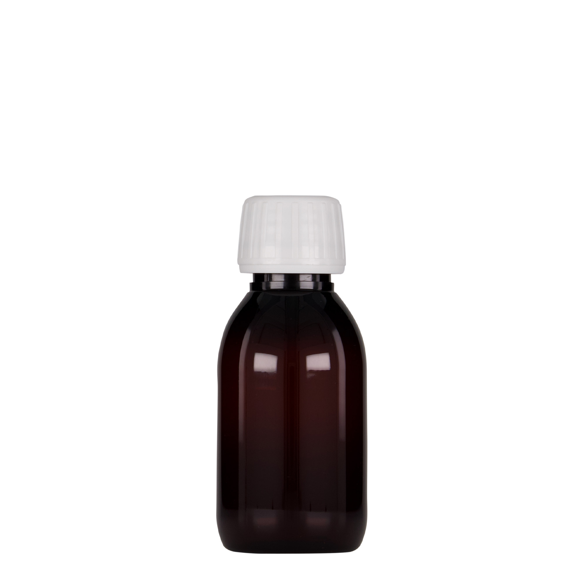 100 ml PET-medicijnfles, bruin, kunststof, opening: PP 28
