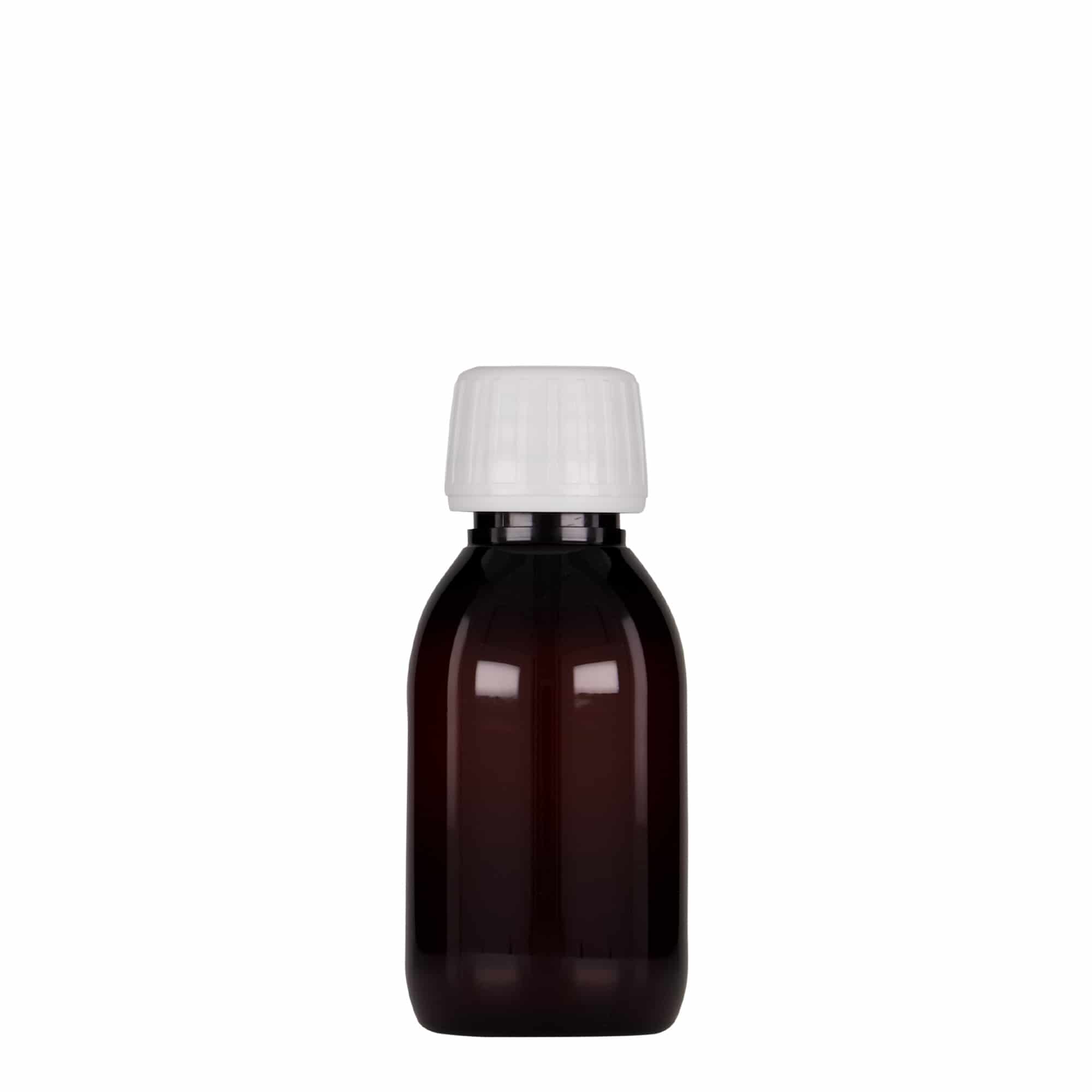 100 ml PET-medicijnfles, bruin, kunststof, opening: PP 28